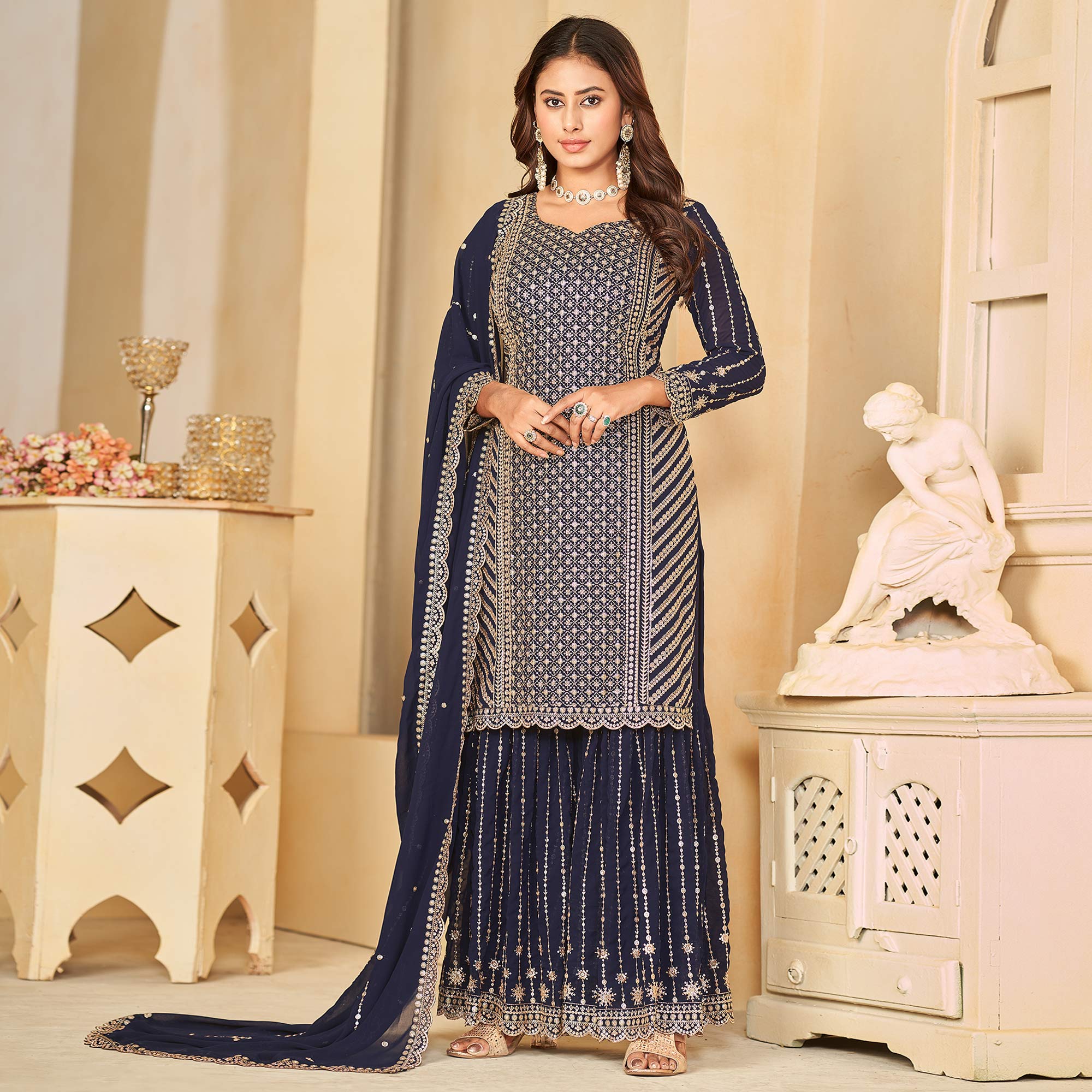 Blue Sequins Embroidered Georgette Semi Stithed Sharara Suit
