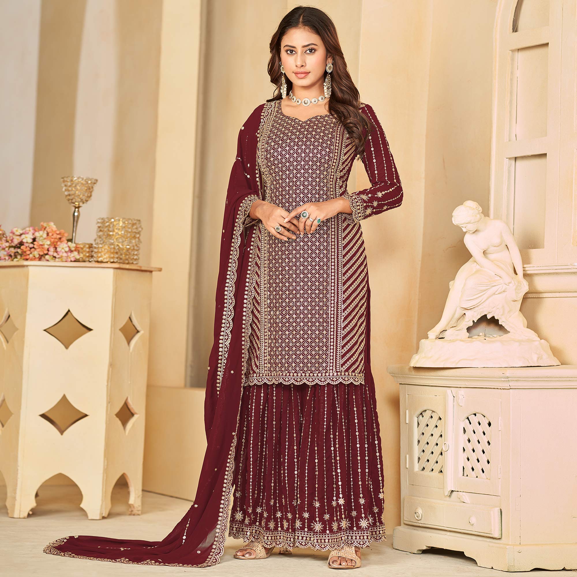 Maroon Sequins Embroidered Georgette Semi Stithed Sharara Suit