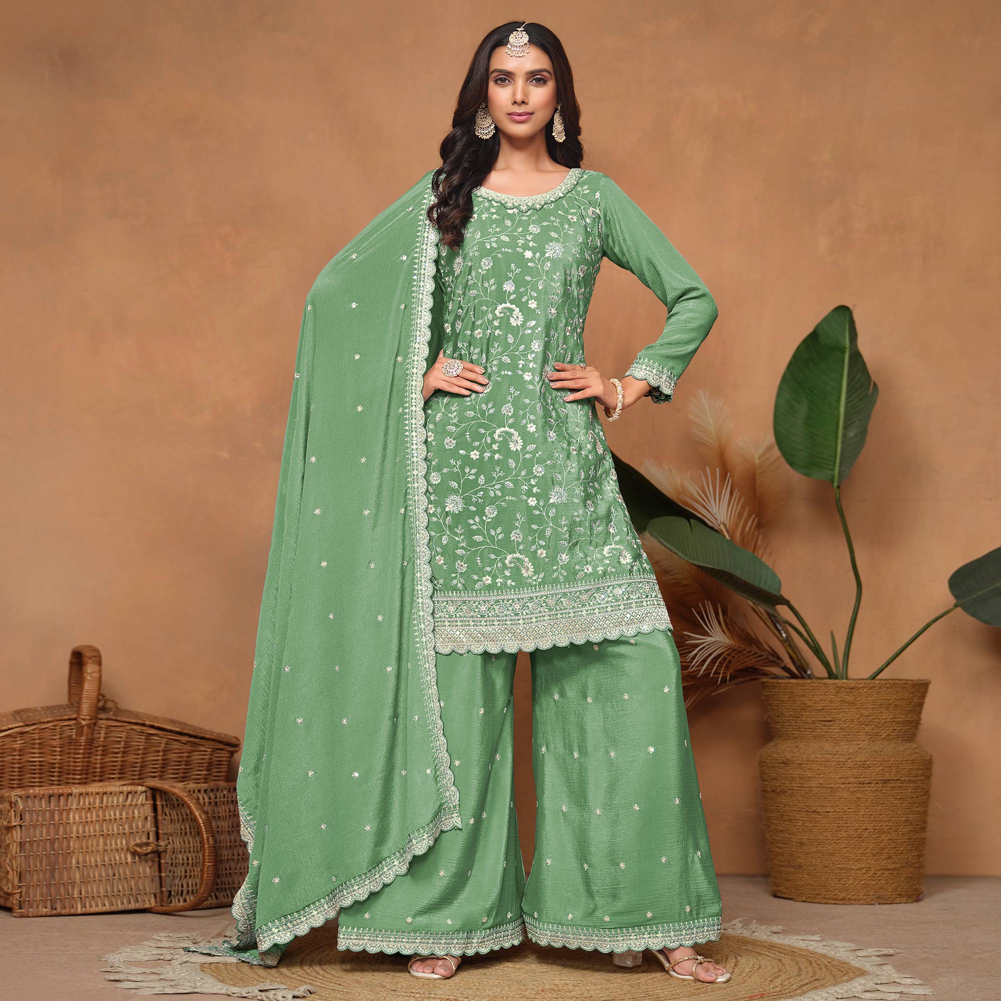 Green Floral Sequins Embroidered Chinon Semi Stitched Palazzo Suit