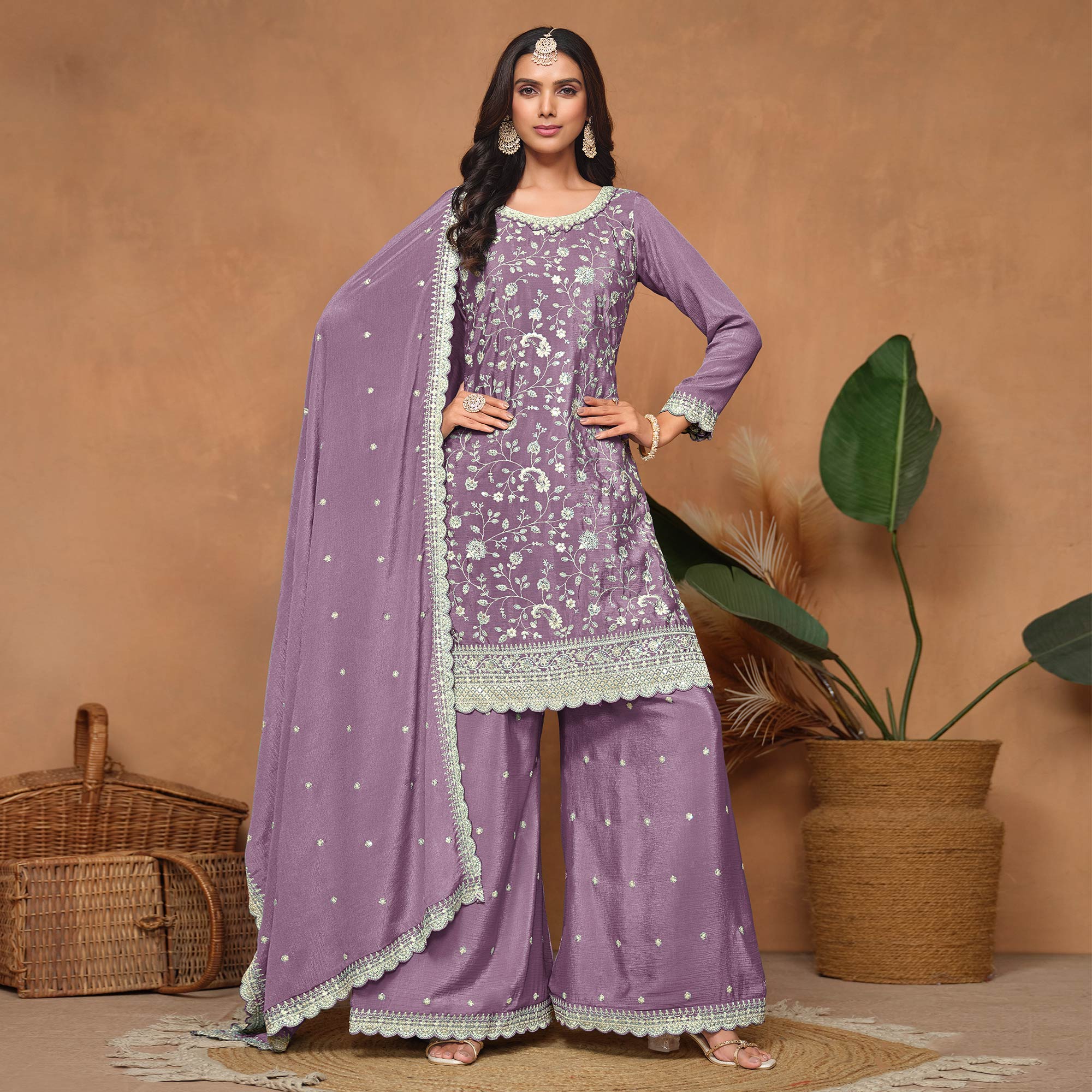 Purple Floral Sequins Embroidered Chinon Semi Stitched Palazzo Suit