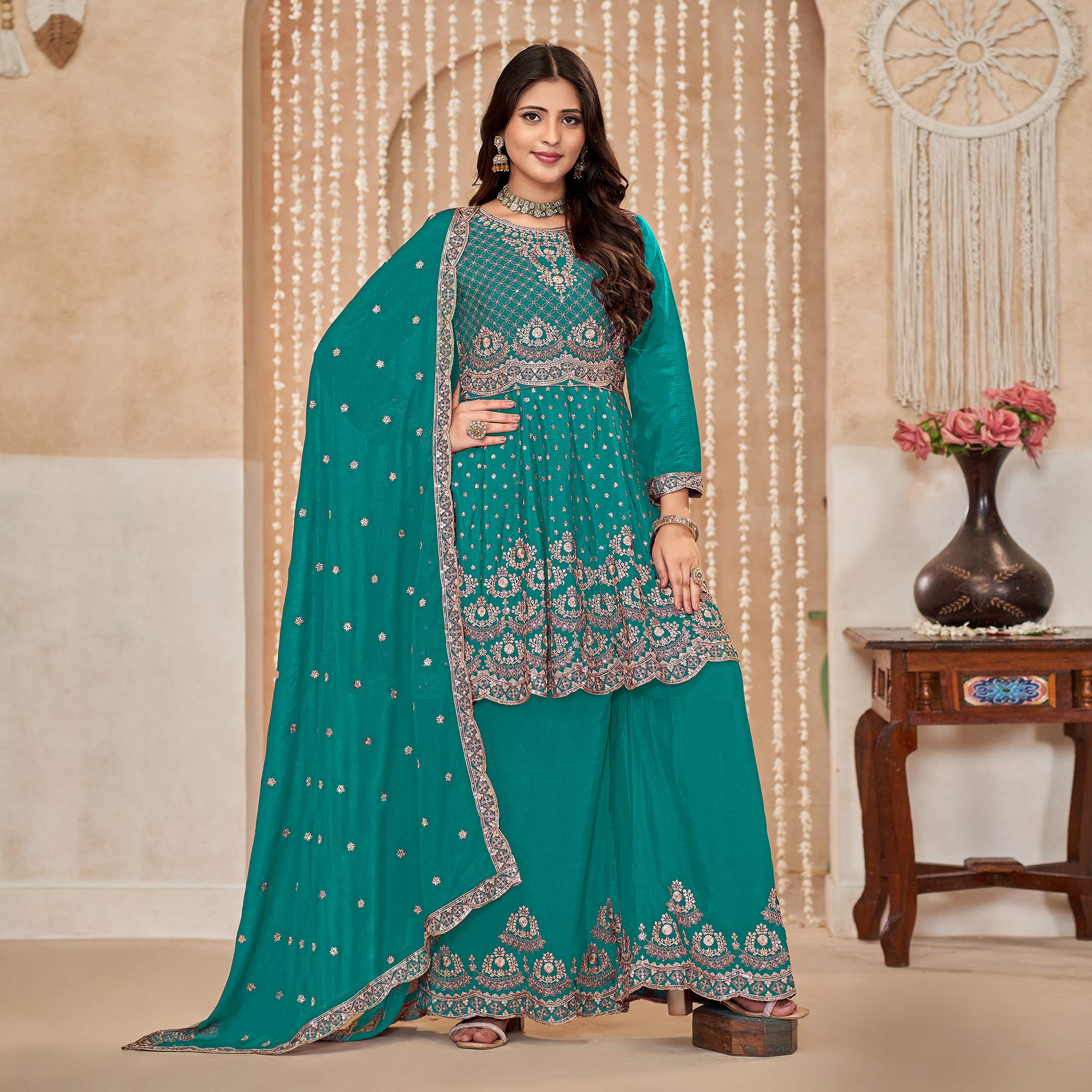 Rama Green Floral Sequins Embroidered Chinon Semi Stitched Sharara Suit