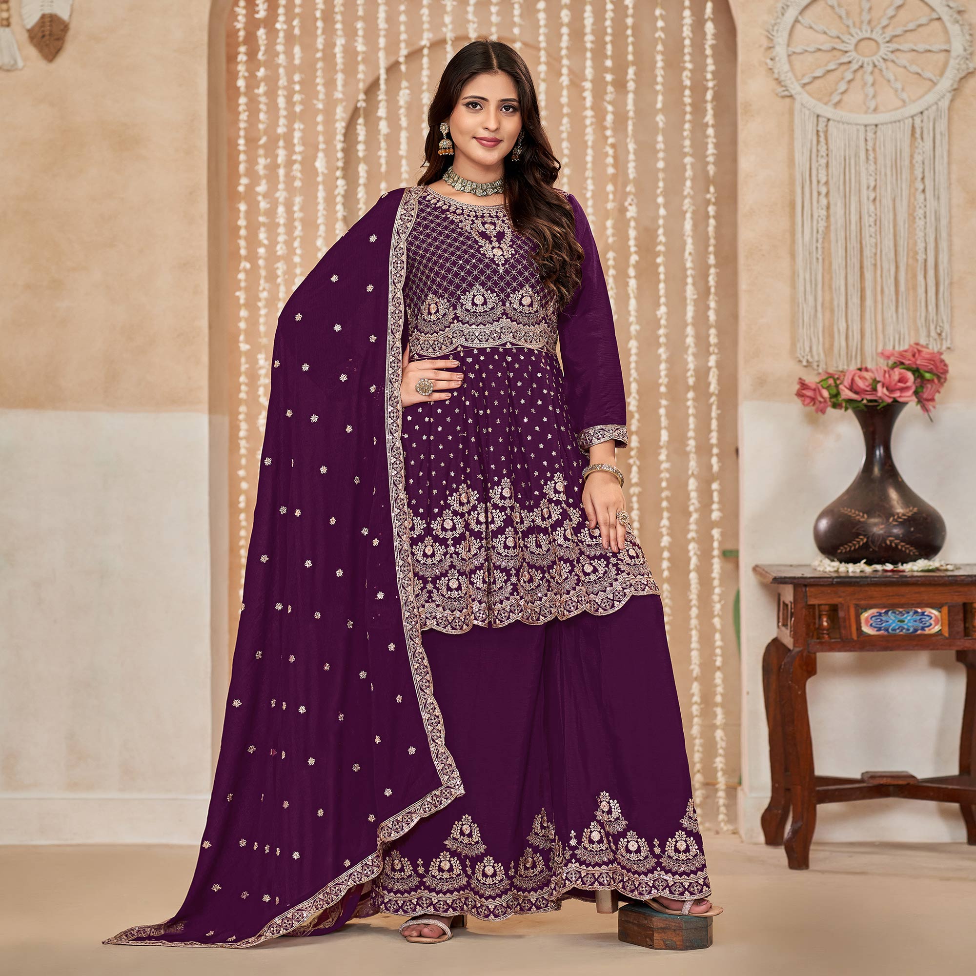 Purple Floral Sequins Embroidered Chinon Semi Stitched Sharara Suit