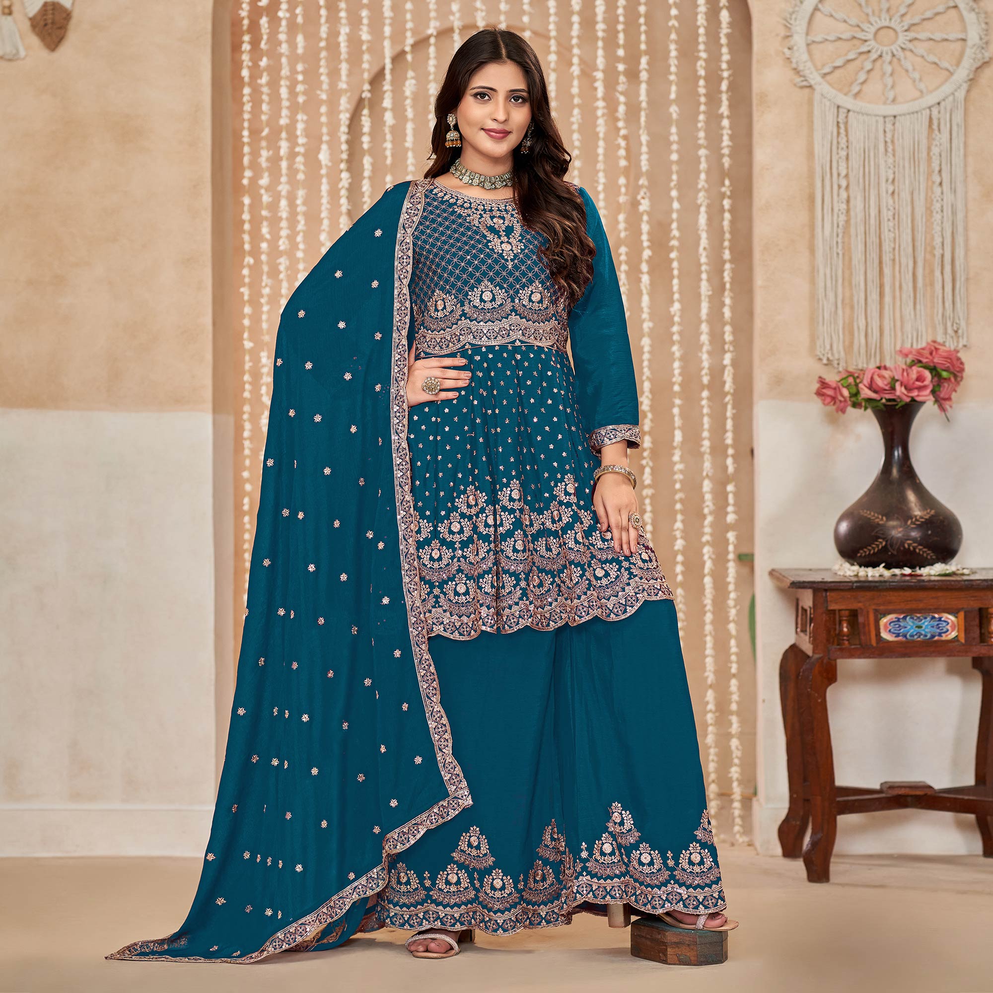 Teal Floral Sequins Embroidered Chinon Semi Stitched Sharara Suit