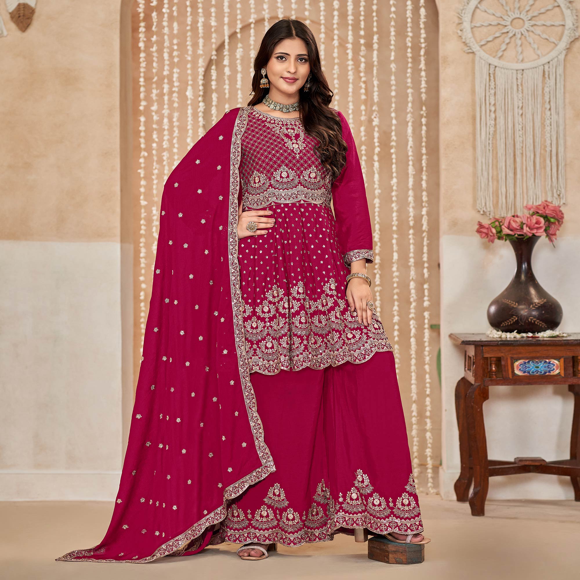Rani Pink Floral Sequins Embroidered Chinon Semi Stitched Sharara Suit