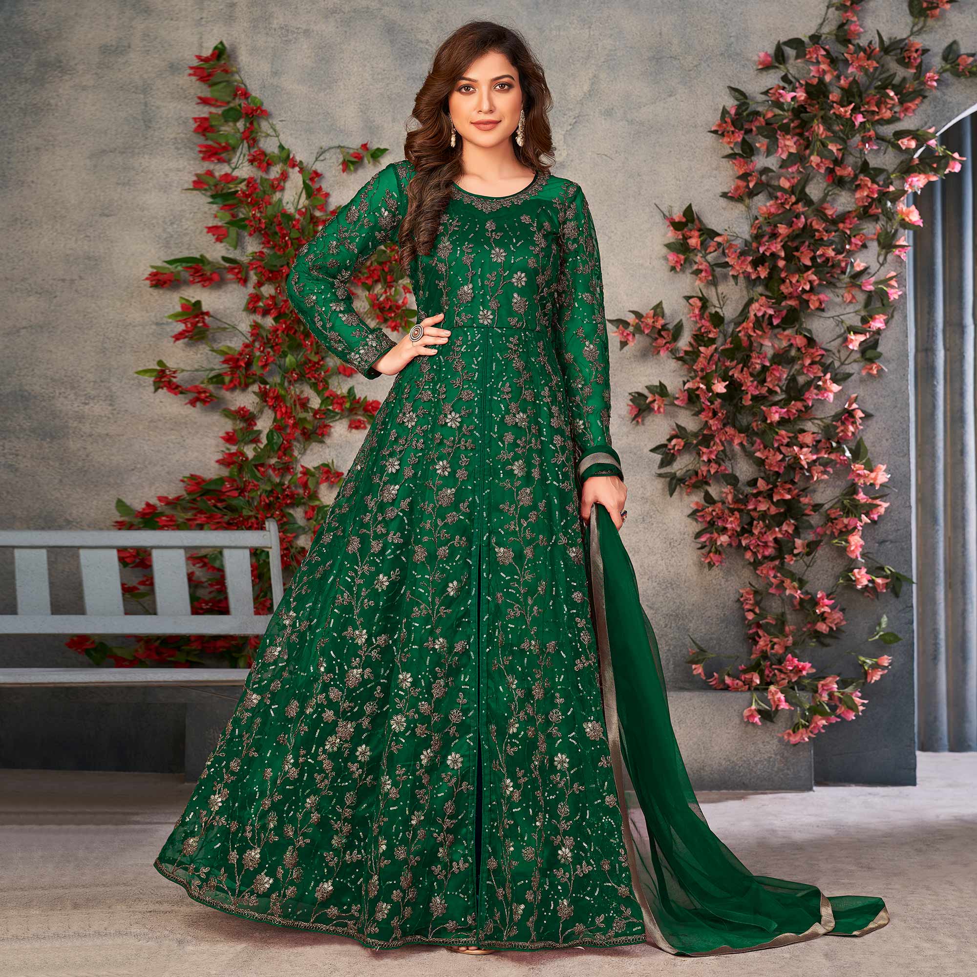 Green Embroidered Net Semi Stitched Anarkali Style Suit