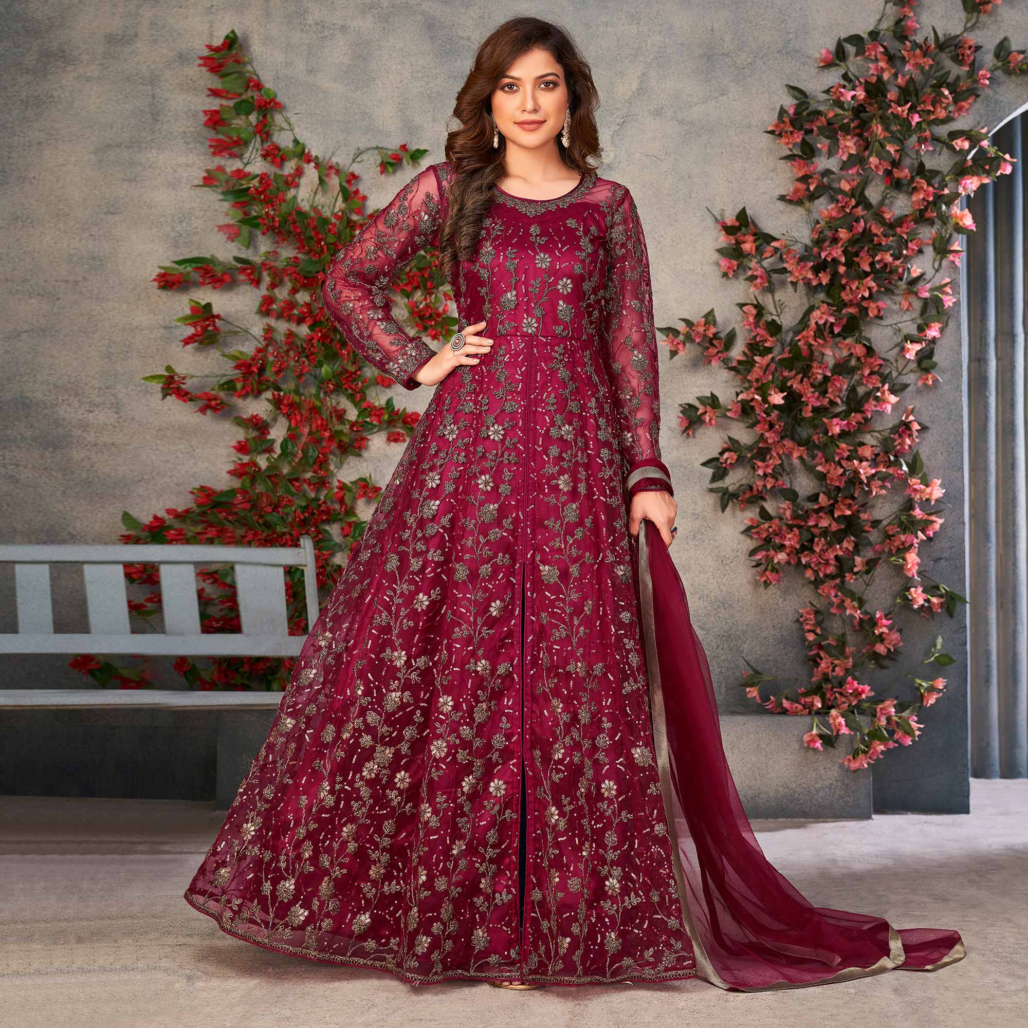 Pink Embroidered Net Semi Stitched Anarkali Style Suit