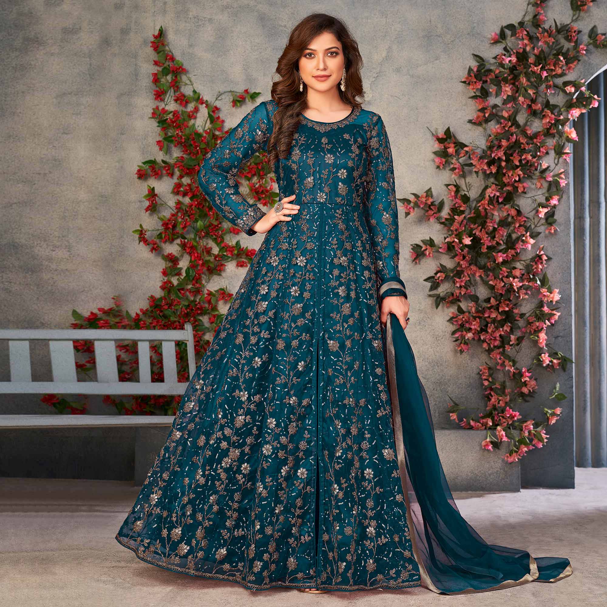 Morpich Embroidered Net Semi Stitched Anarkali Style Suit