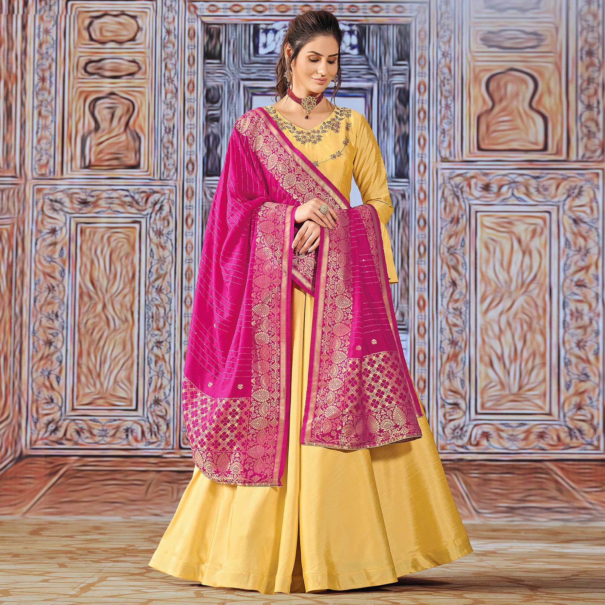 Yellow Handwork Embroidered Art Silk Anarkali Suit