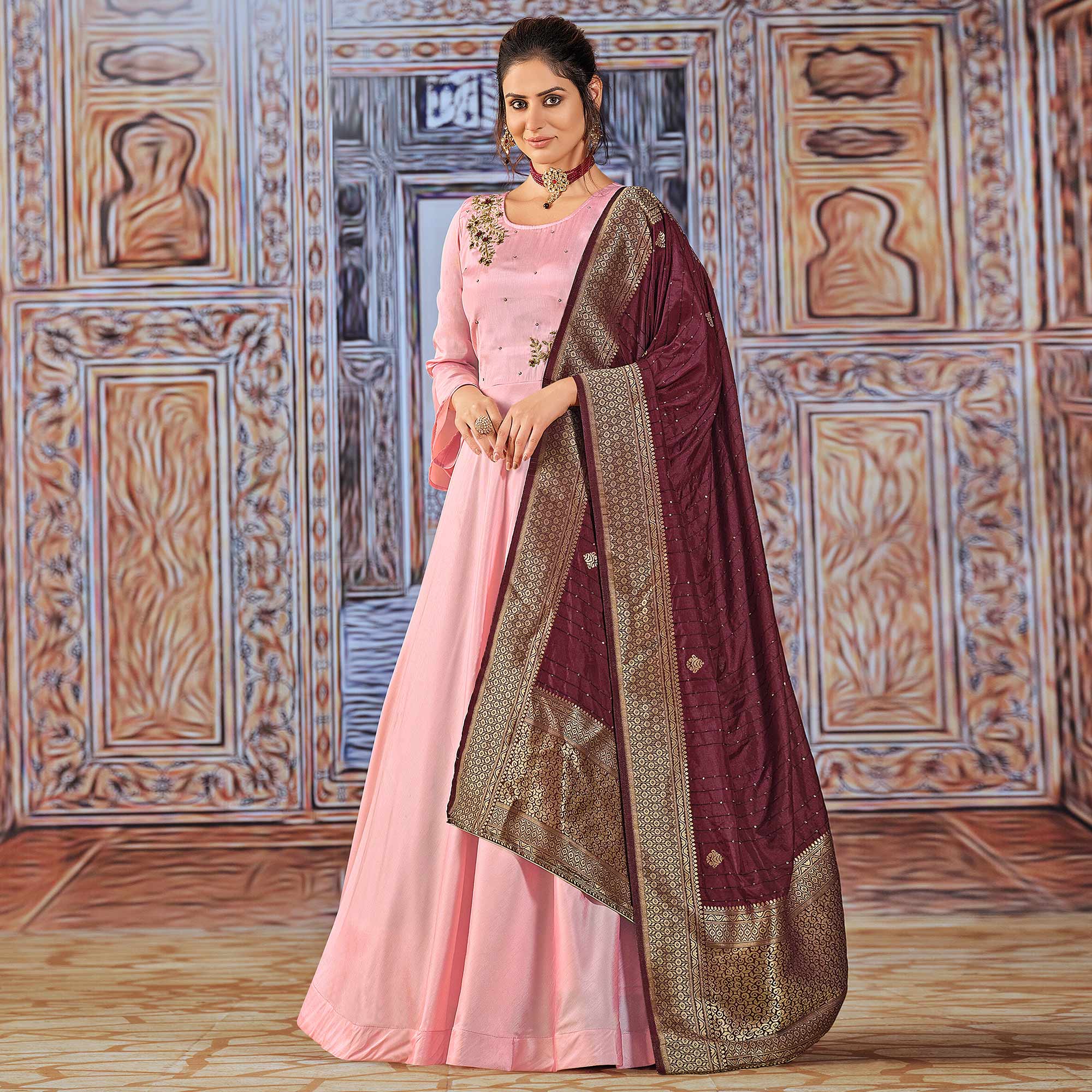 Pink Handwork Embroidered Art Silk Anarkali Suit