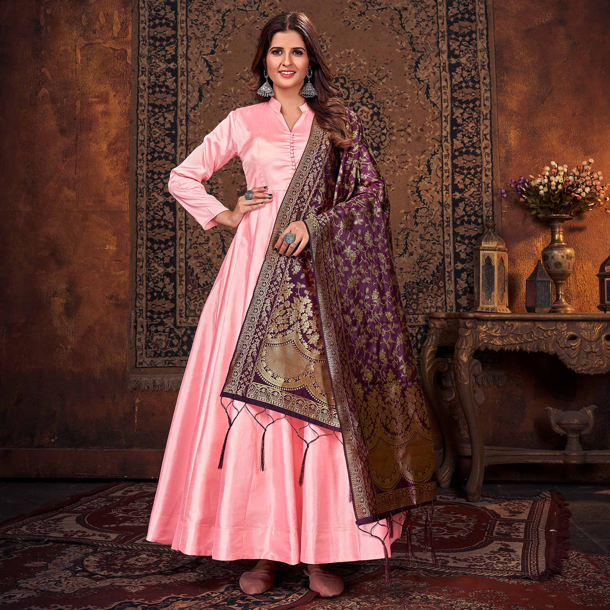 Pink Solid Art Silk Anarkali Suit