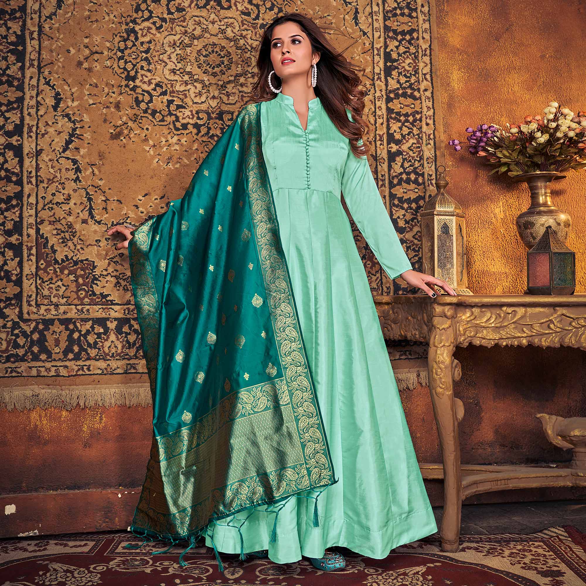 Turquoise Solid Art Silk Anarkali Suit