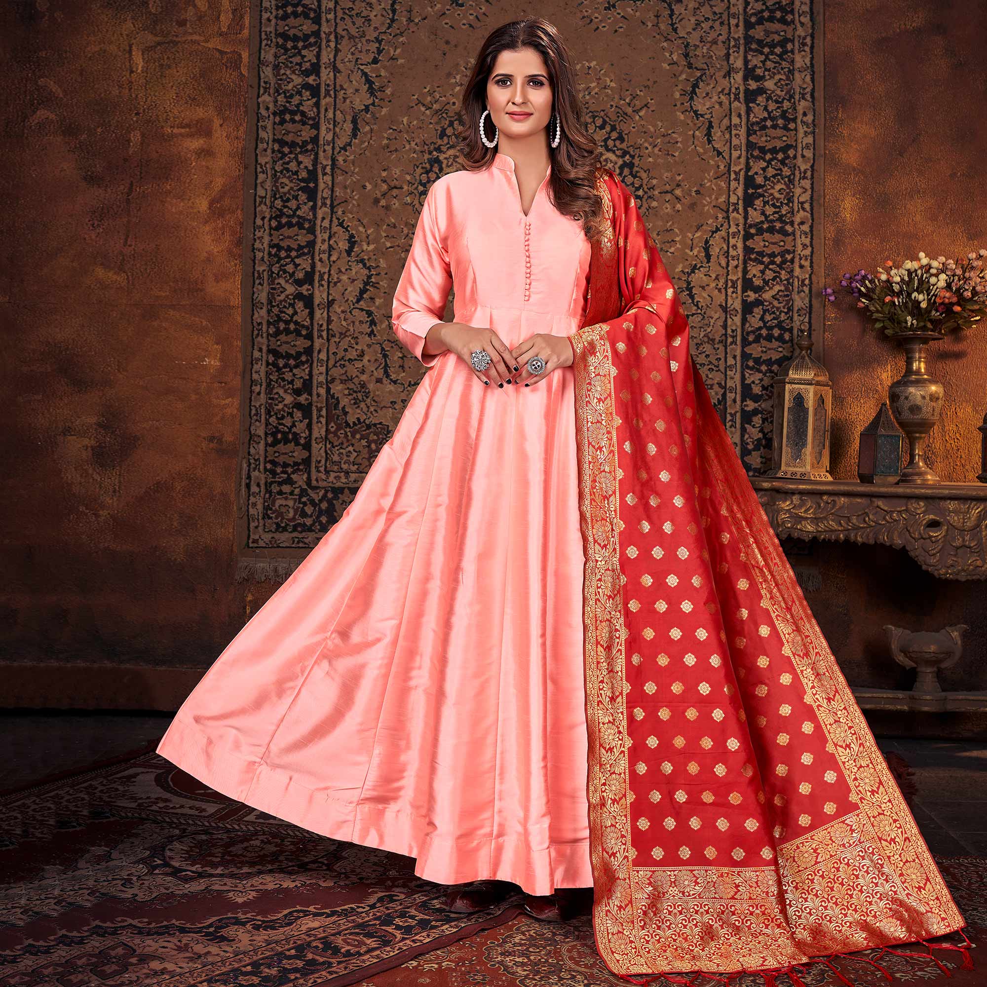 Peach Solid Art Silk Anarkali Suit