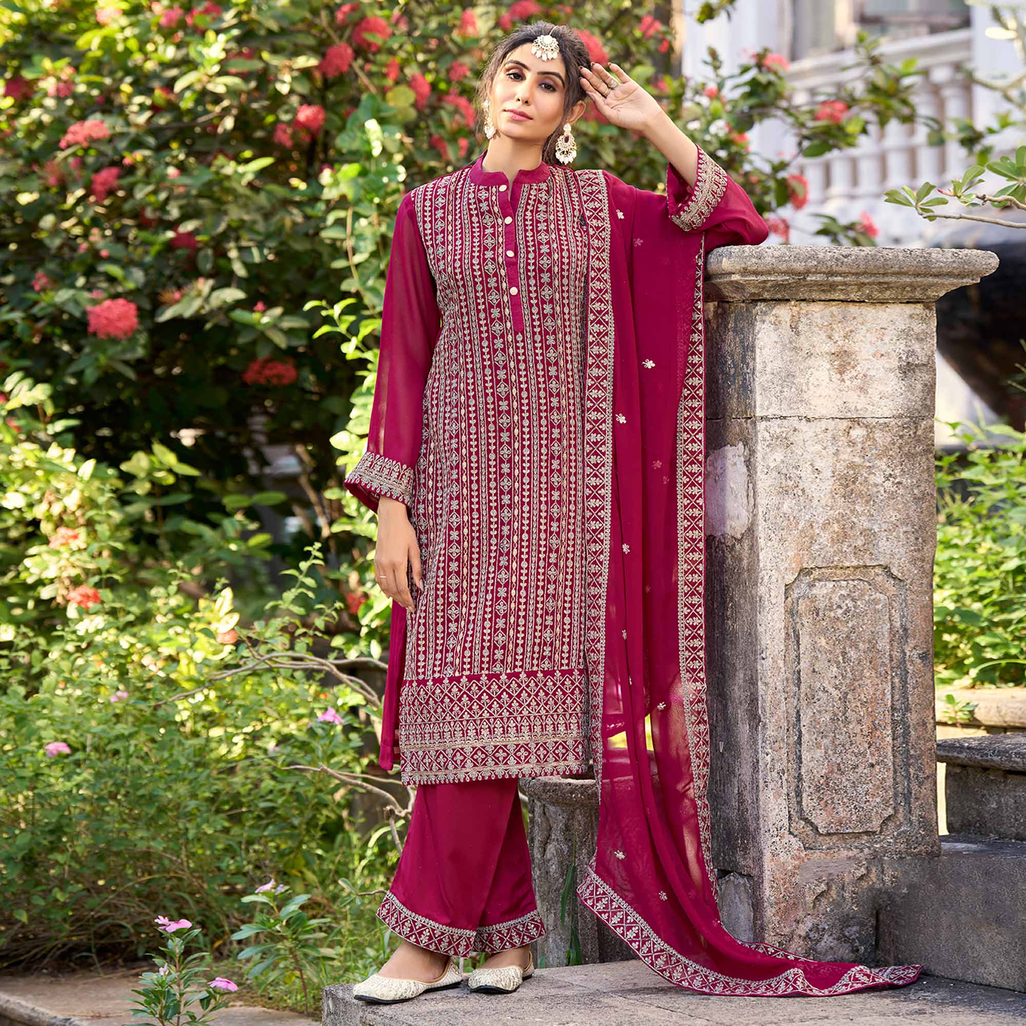 Pink Floral Embroidered Art Silk Suit