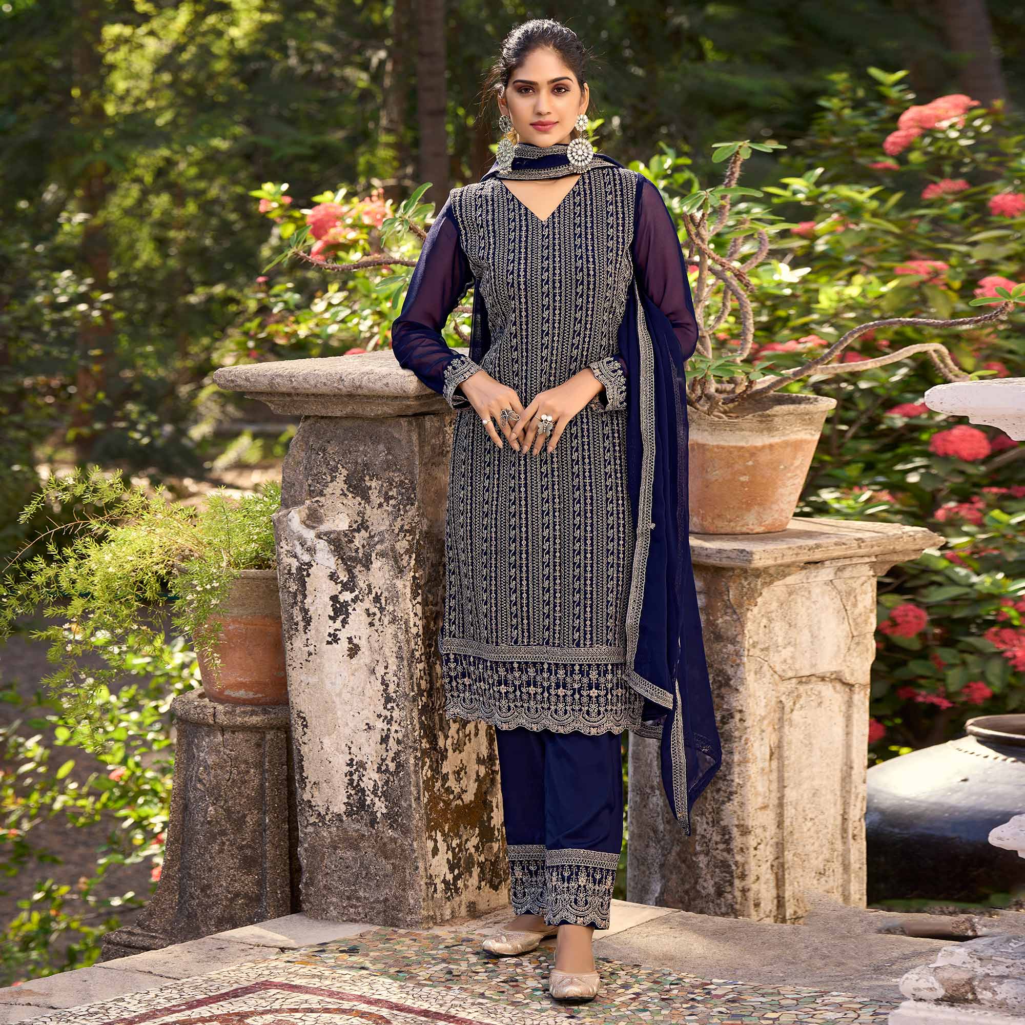 Navy Blue Floral Embroidered Art Silk Suit