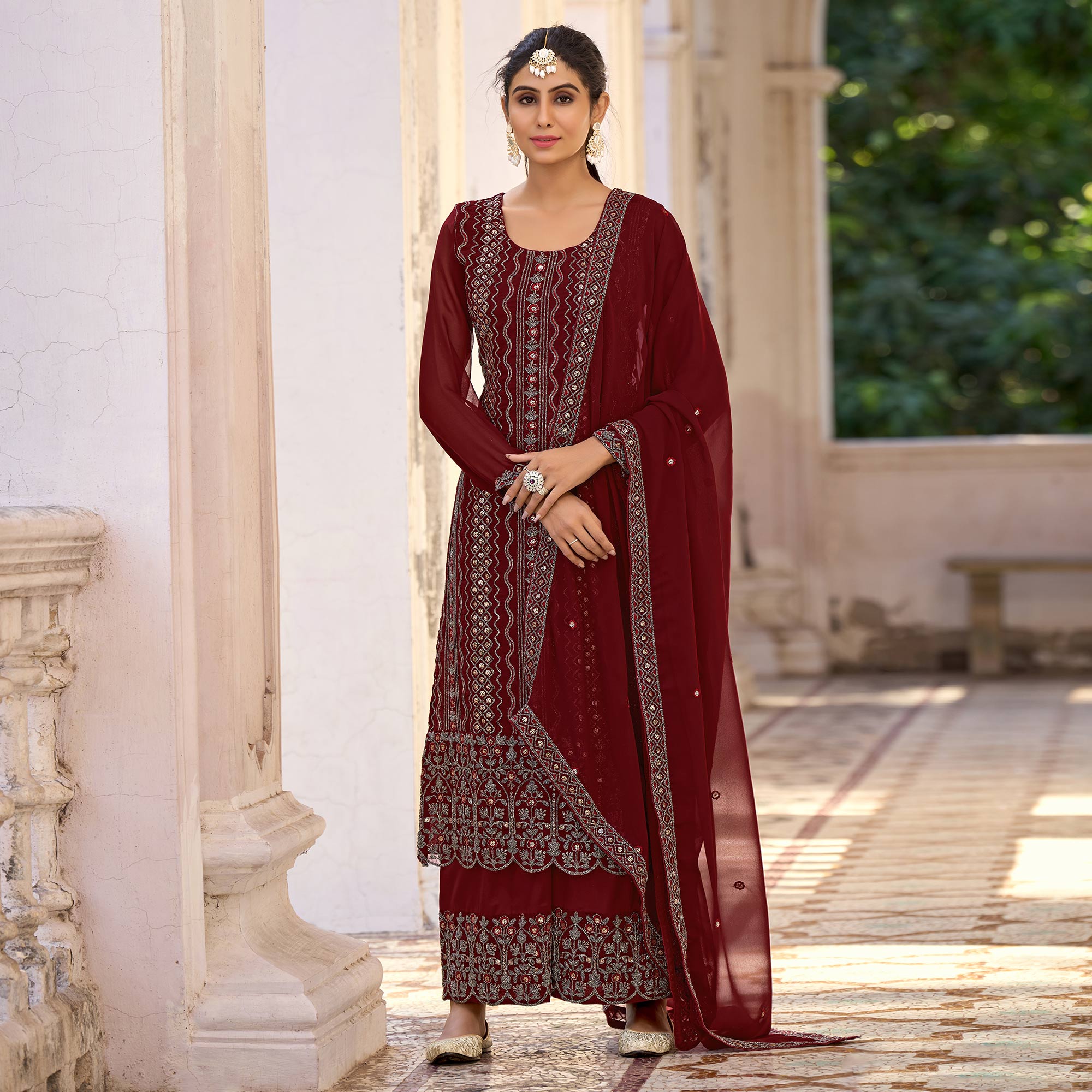 Maroon Floral Embroidered Art Silk Suit