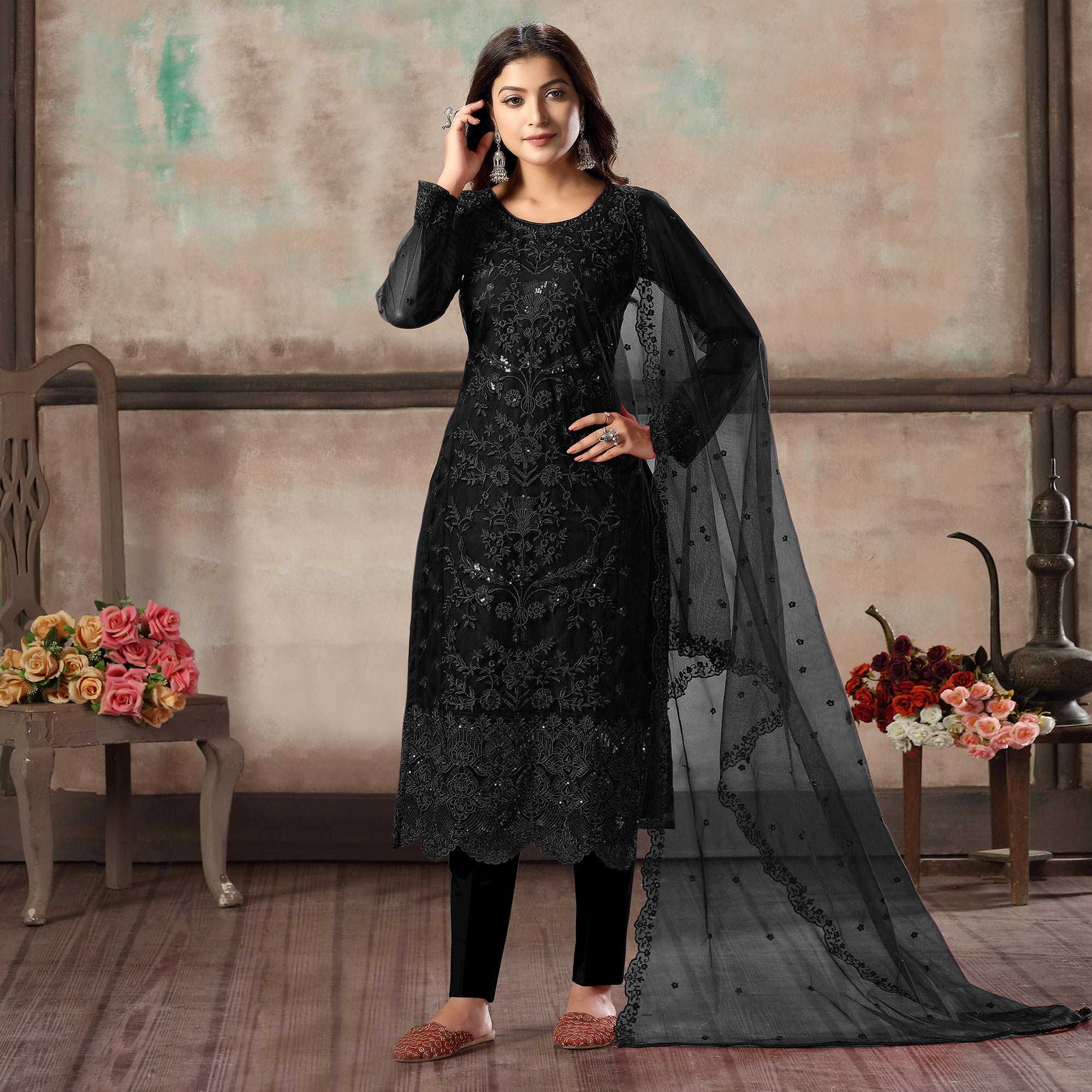 Black Floral Embroidered Net Suit