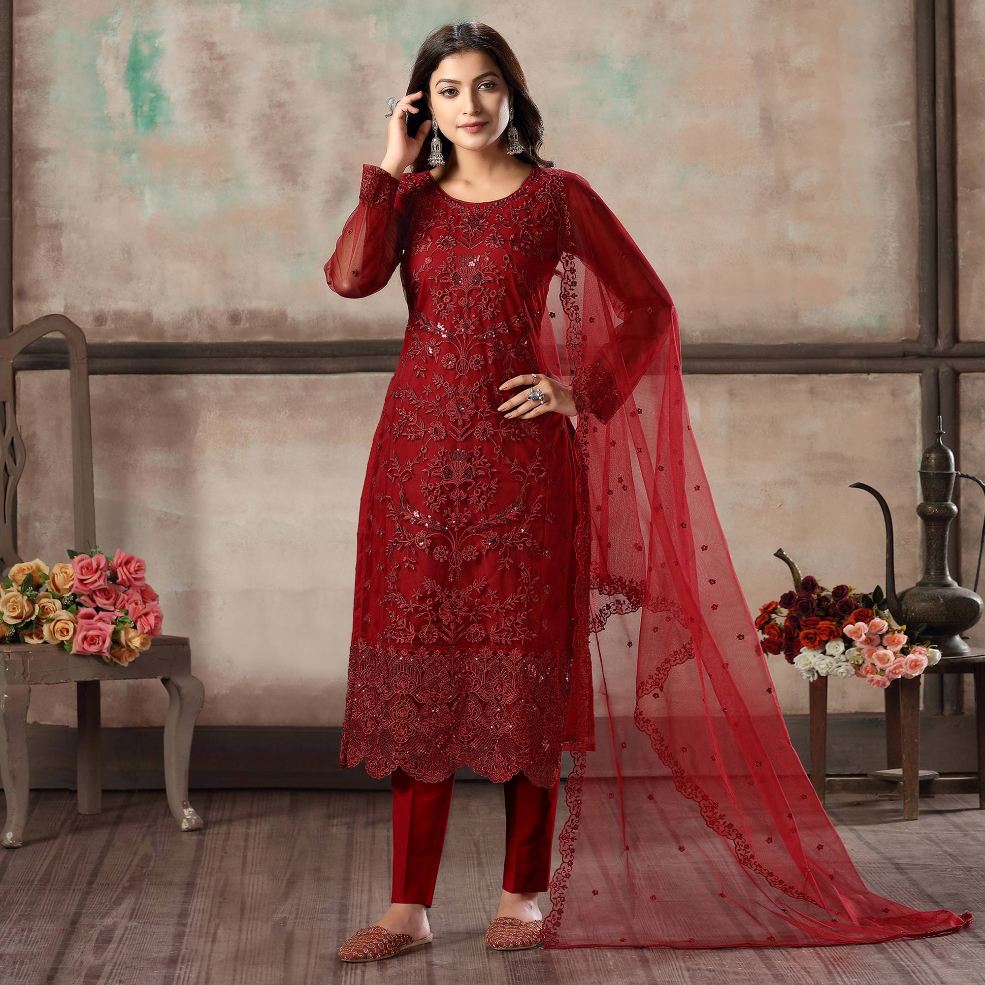 Red Floral Embroidered Net Suit