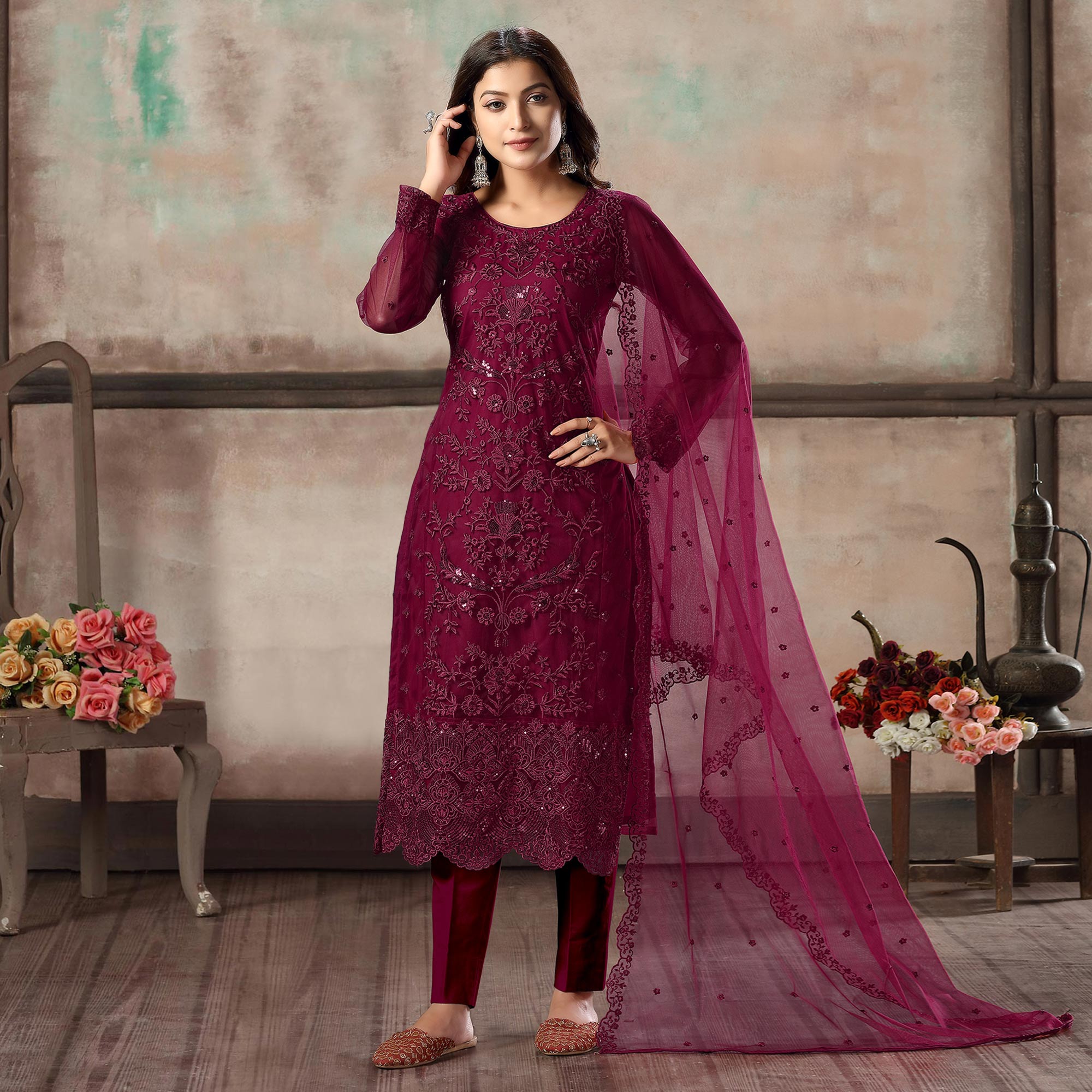 Mini Net Suit Pink Floral Embroidered Net Suit