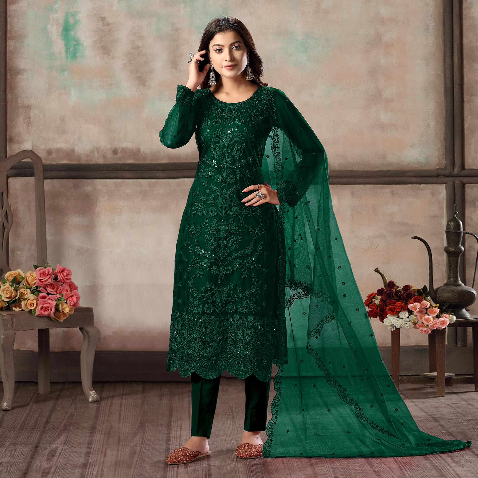 Green Floral Embroidered Net Suit