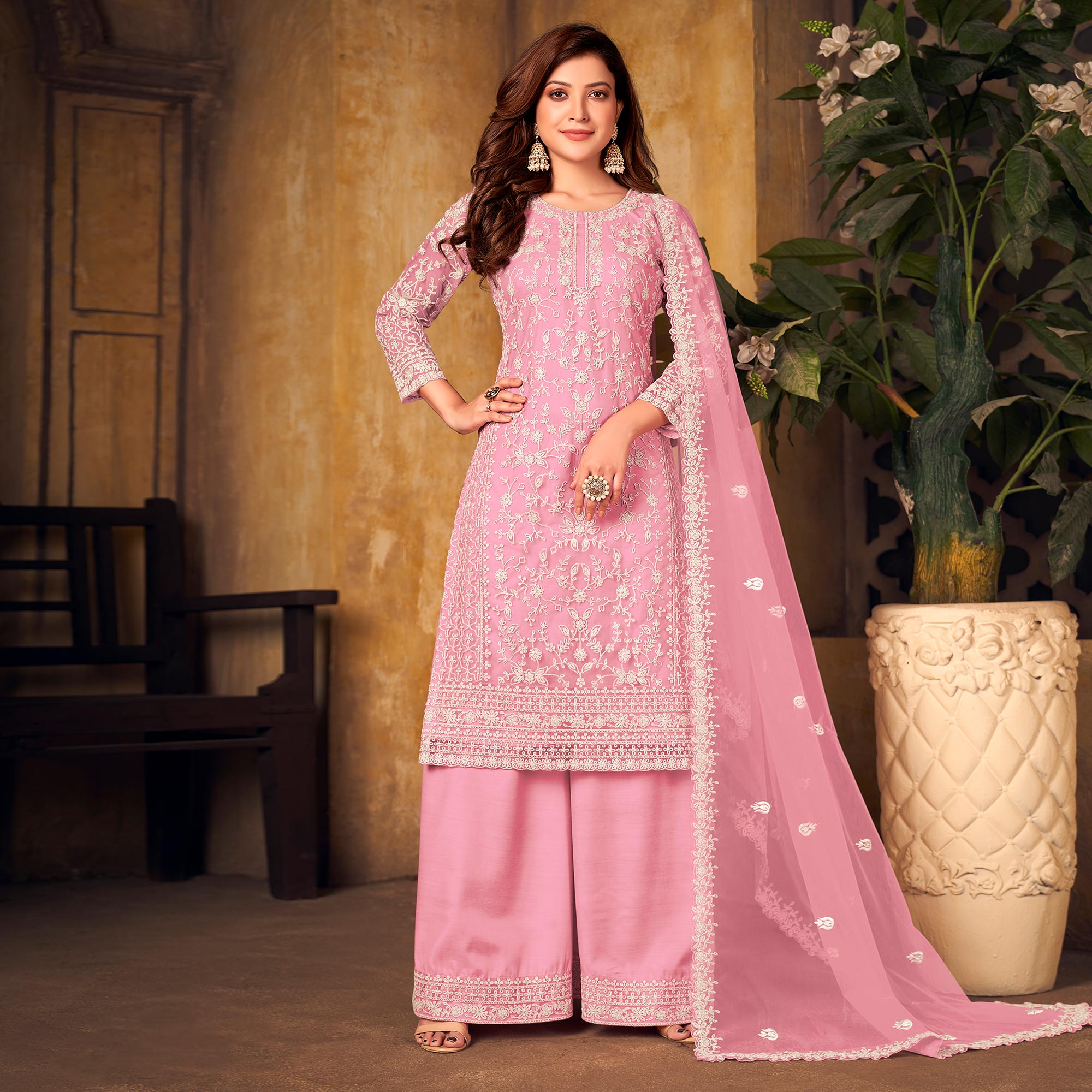 Pink Floral Embroidered Net Semi Stitched Suit