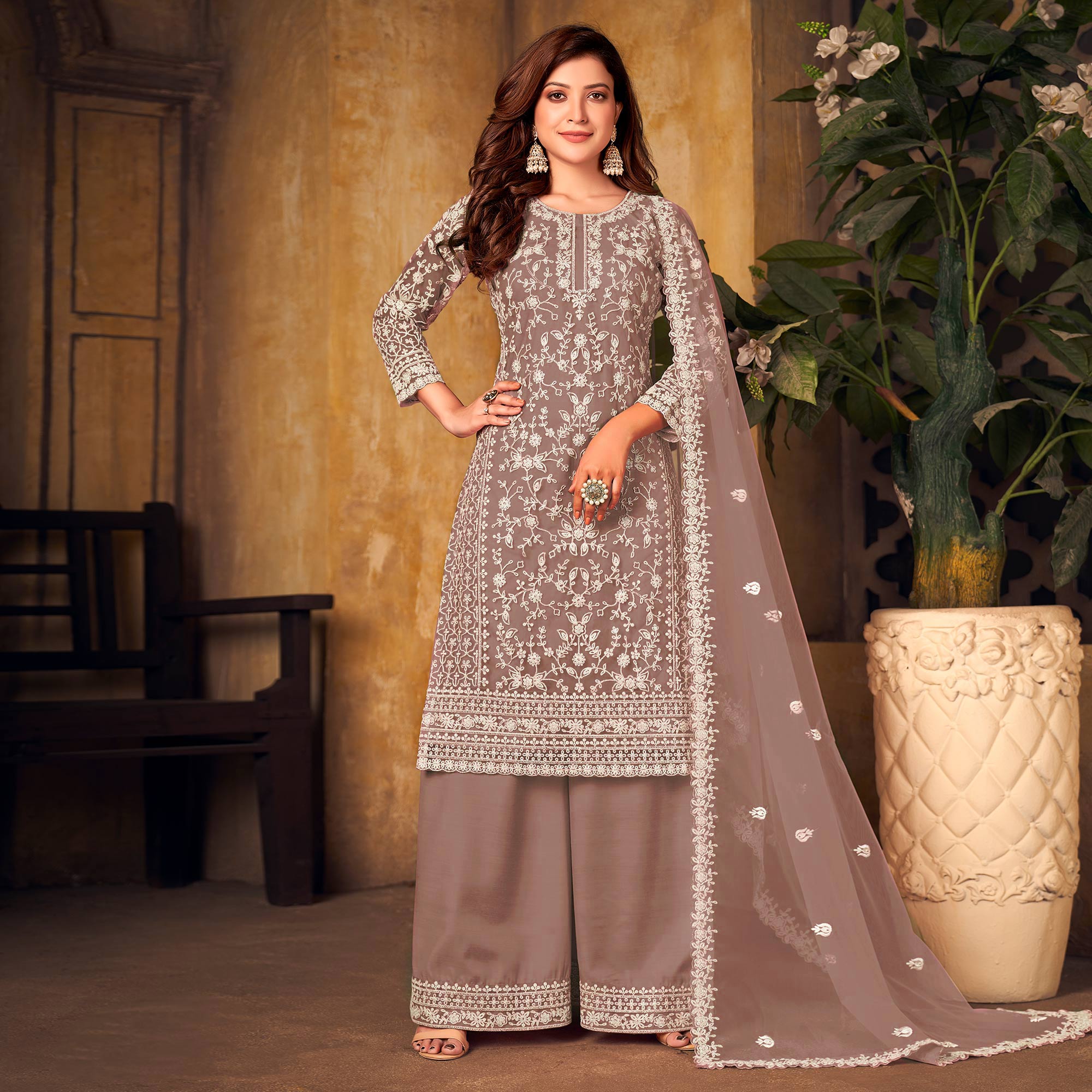 Dusty Brown Floral Embroidered Net Semi Stitched Suit