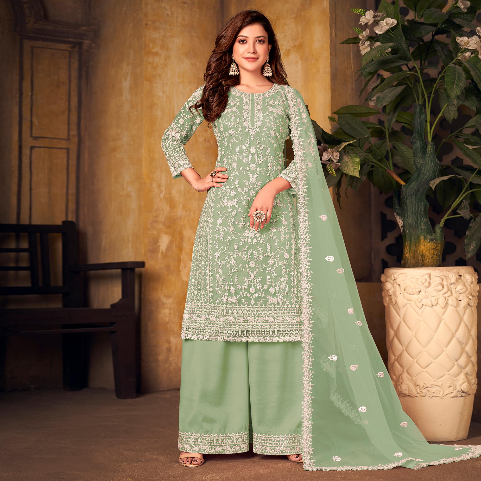 Green Floral Embroidered Net Semi Stitched Suit