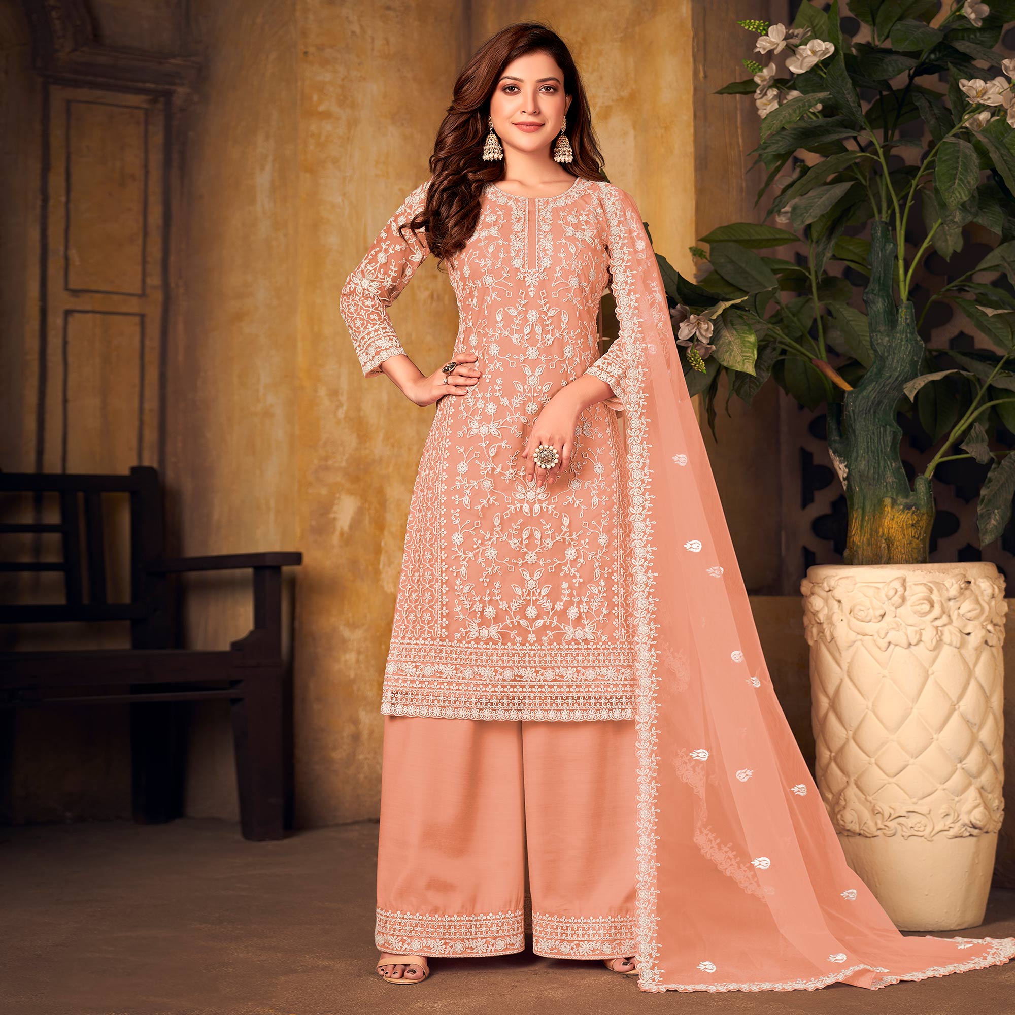 Peach Floral Embroidered Net Semi Stitched Suit