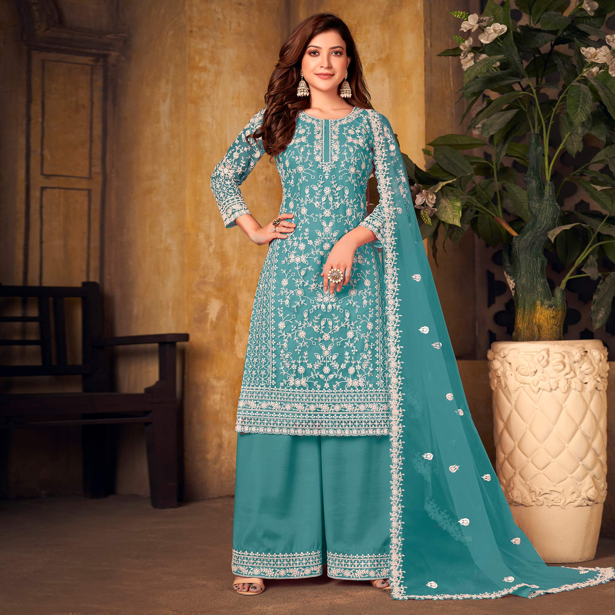 Blue Floral Embroidered Net Semi Stitched Suit