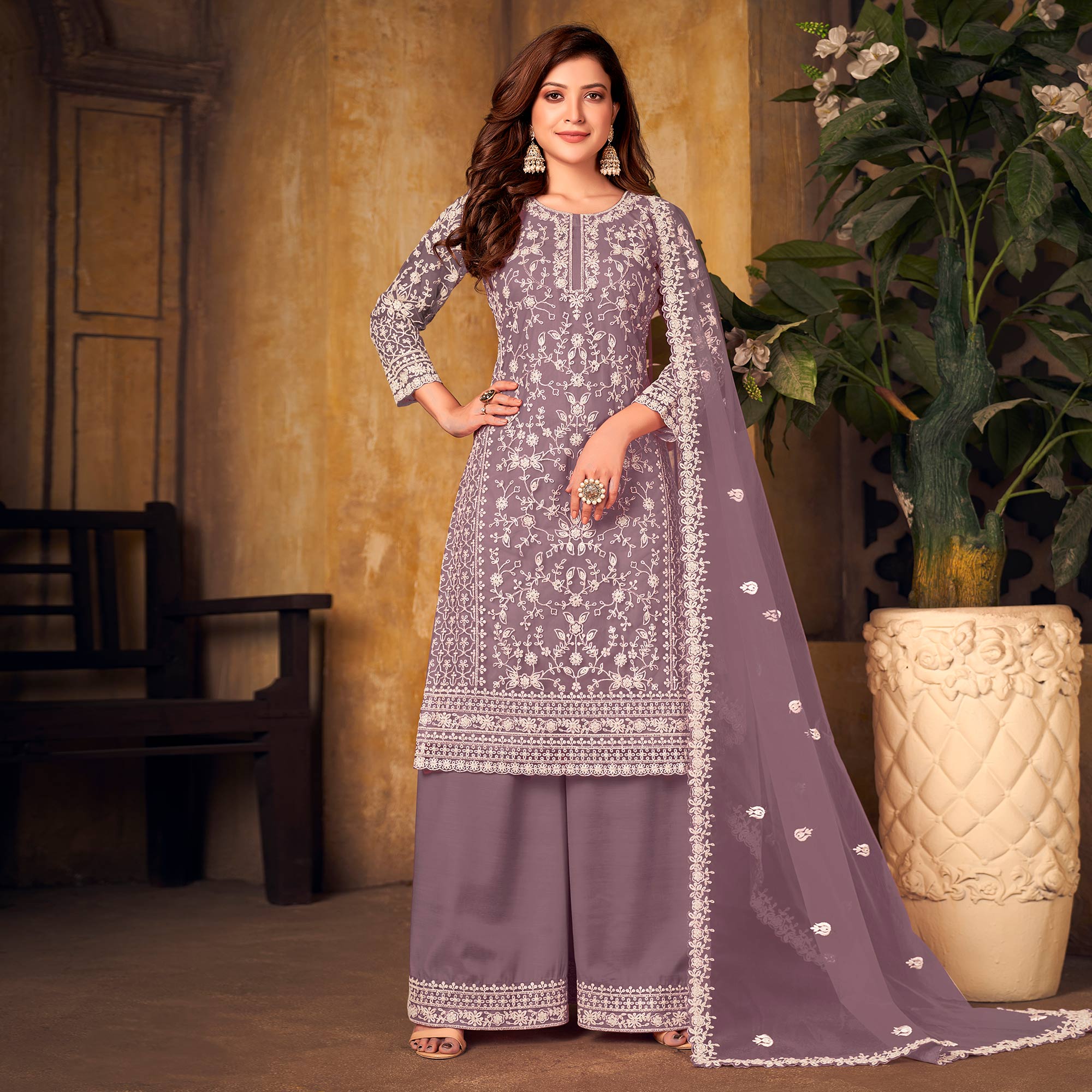 Purple Floral Embroidered Net Semi Stitched Suit