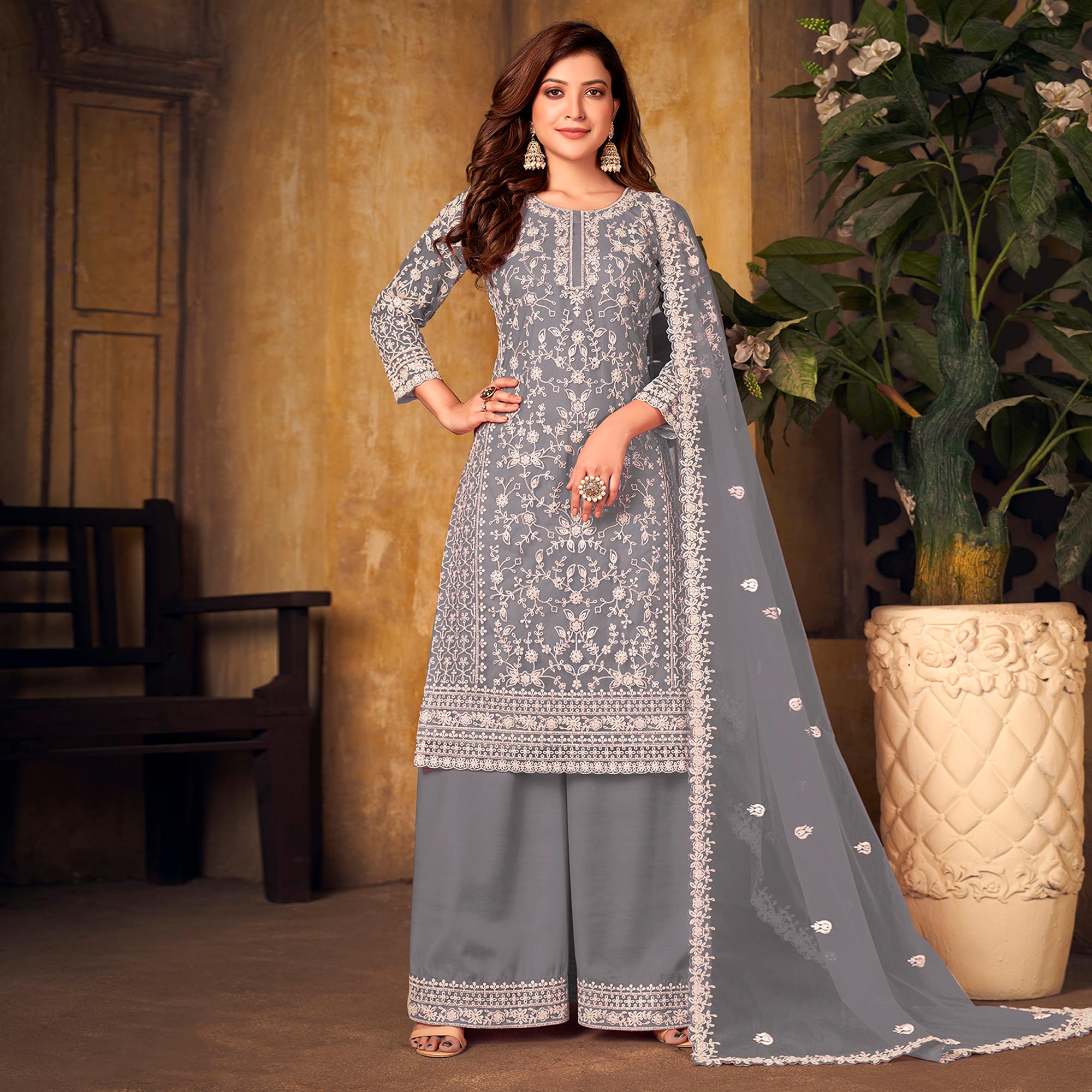 Grey Floral Embroidered Net Semi Stitched Suit