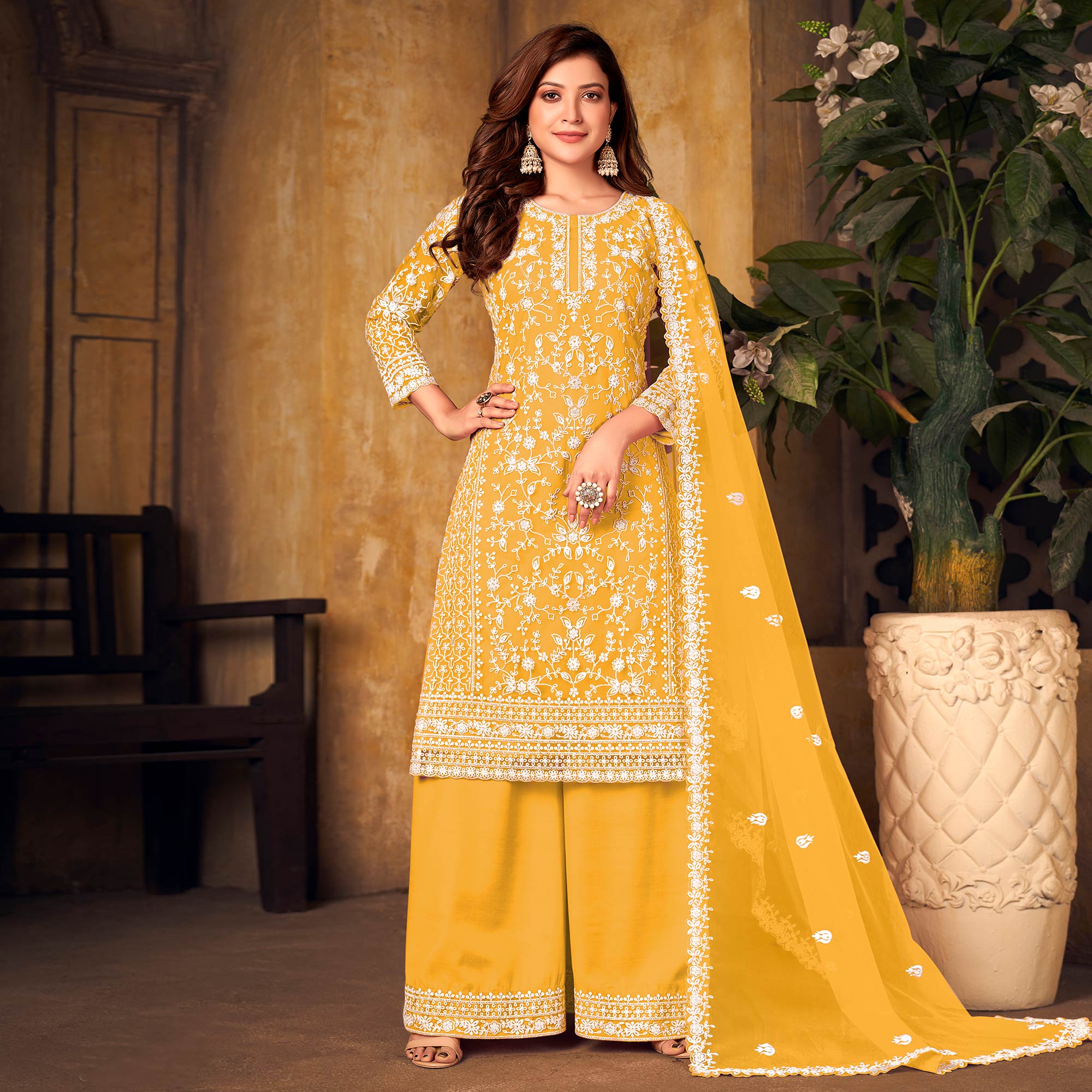 Yellow Floral Embroidered Net Semi Stitched Suit