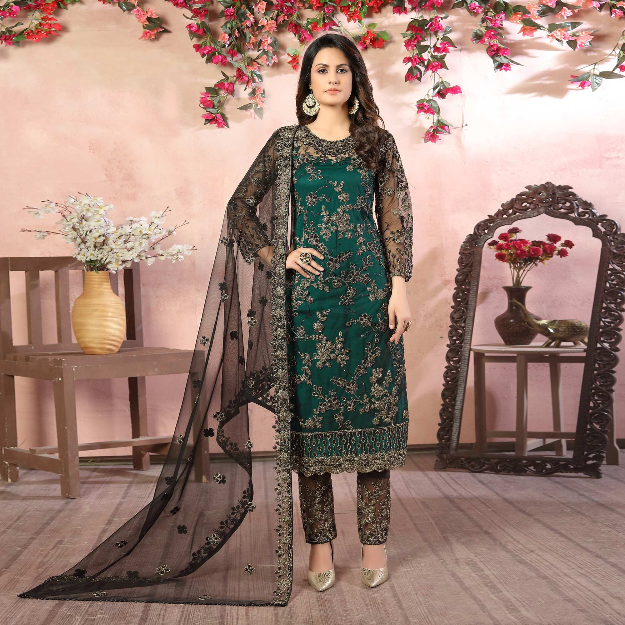 Green Floral Embroidered Net Semi Stitched Suit