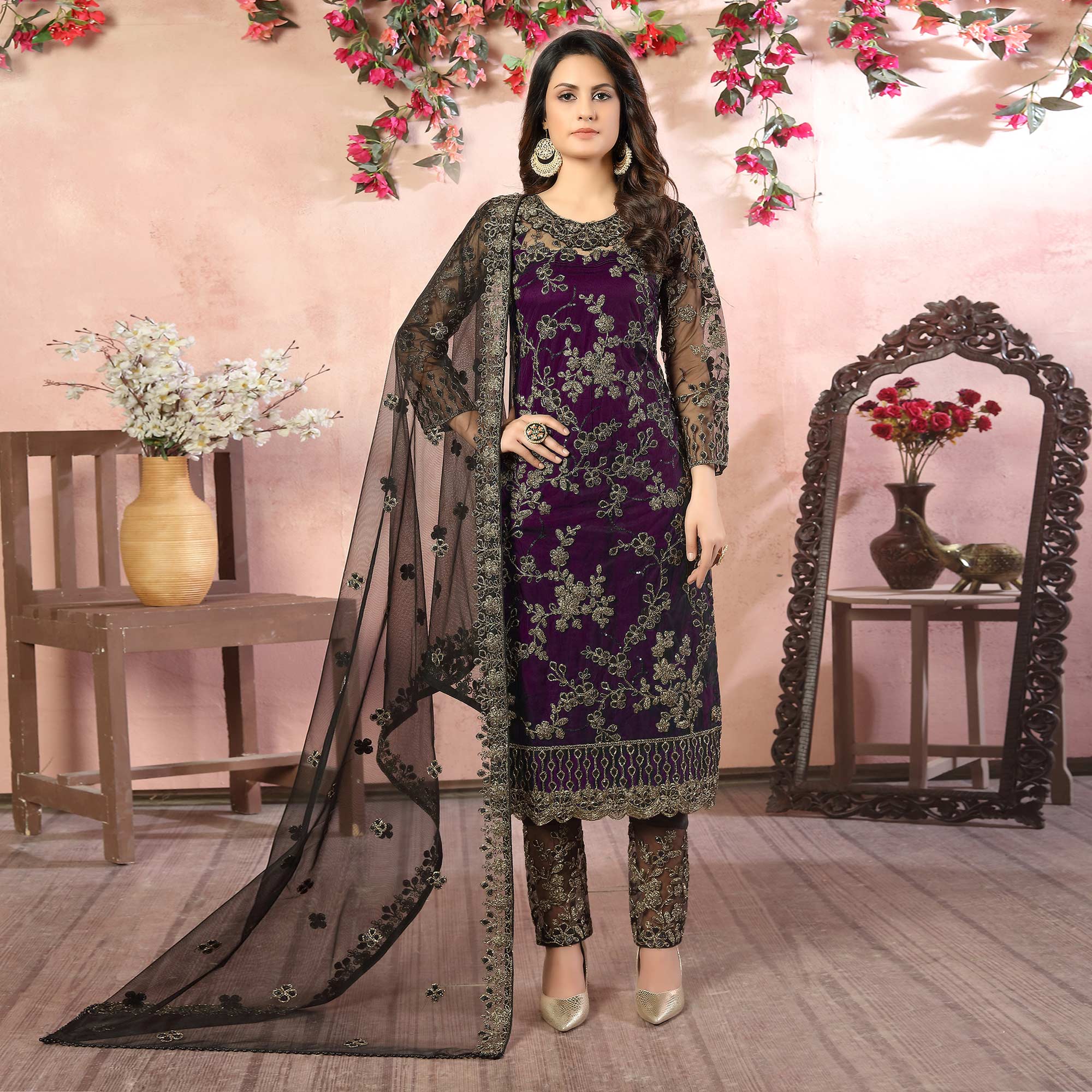 Purple Floral Embroidered Net Semi Stitched Suit