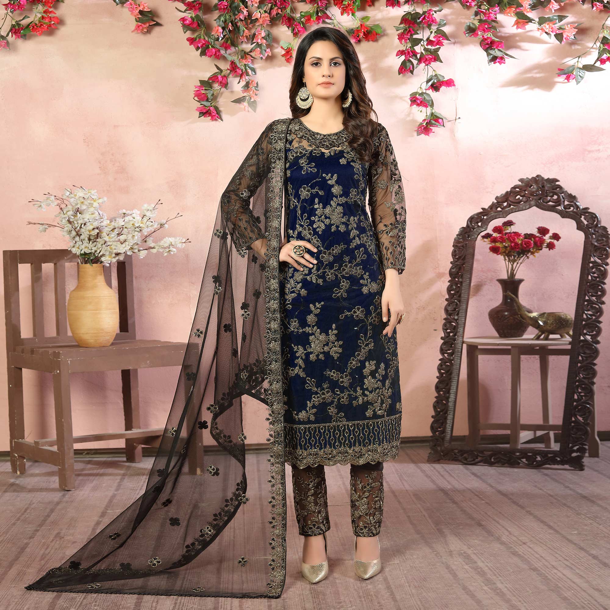 Blue Floral Embroidered Net Semi Stitched Suit