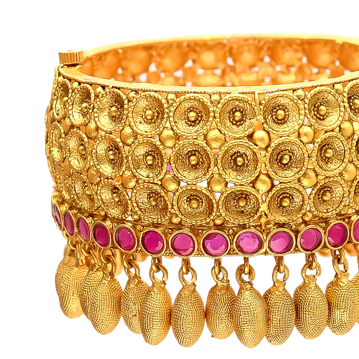 Golden Look Pink Stone Kada Openable Bangle With Hangings