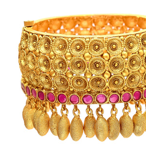 Golden Look Pink Stone Kada Openable Bangle With Hangings