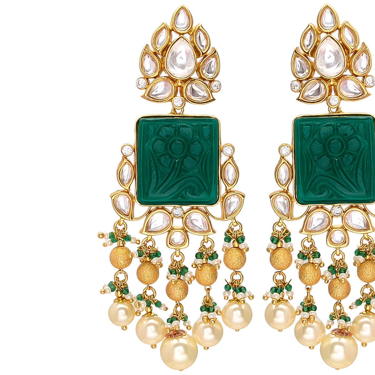 Gold And Green Carving Stone Kundan Earrings With Pearl Hanging