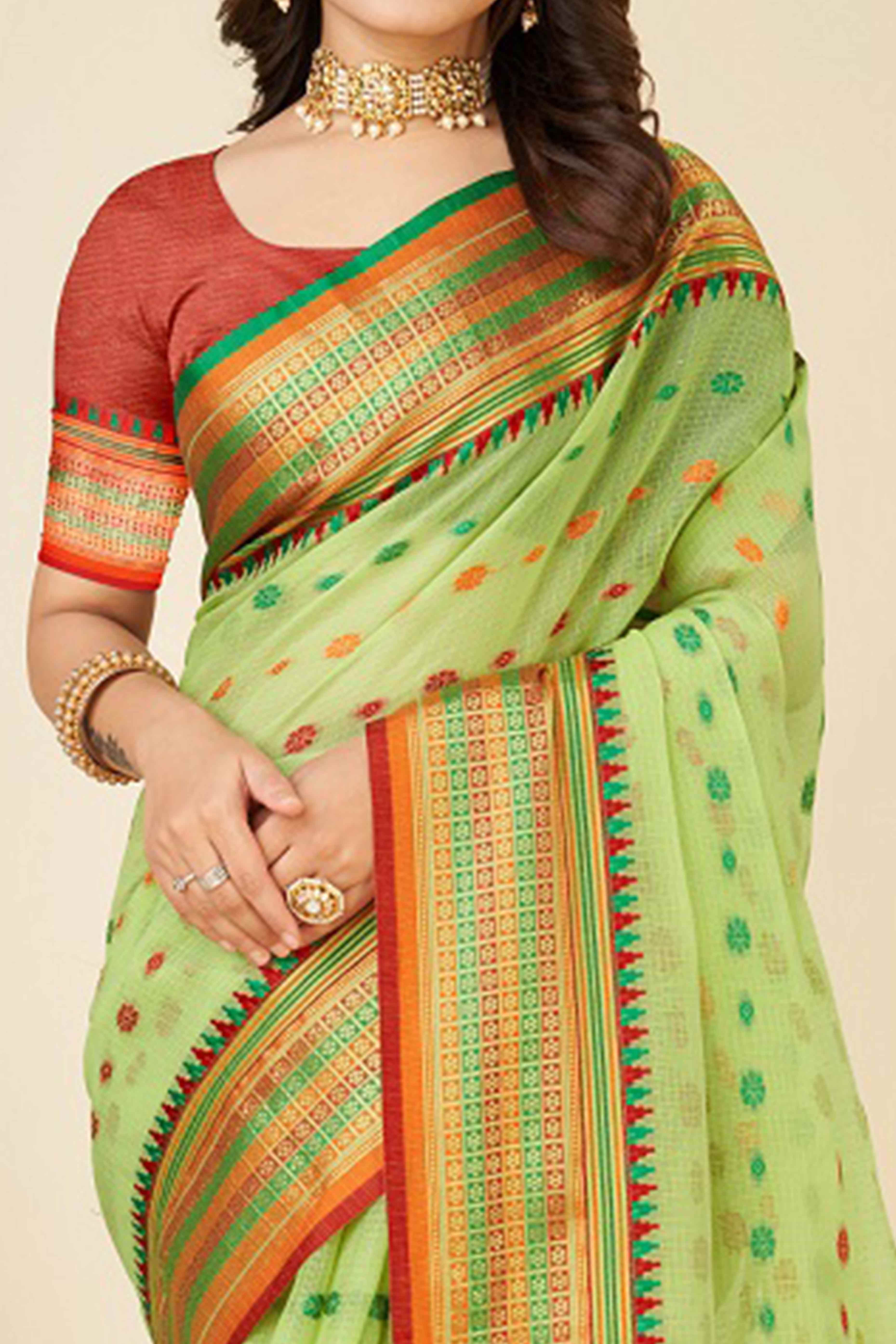 Light Green Zari Weaving Cotton Silk Saree
