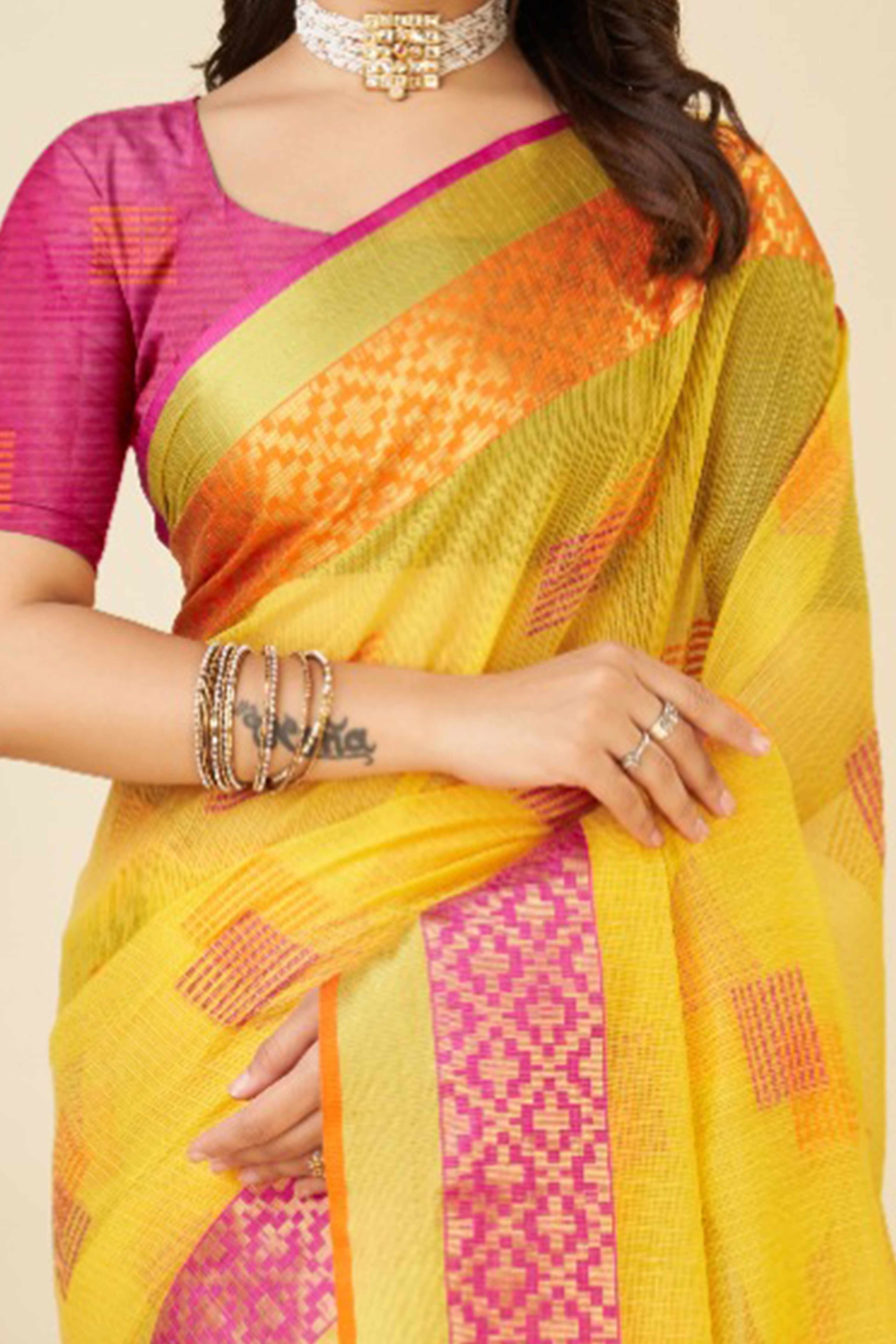 Yellow Zari Weaving Cotton Blend Saree