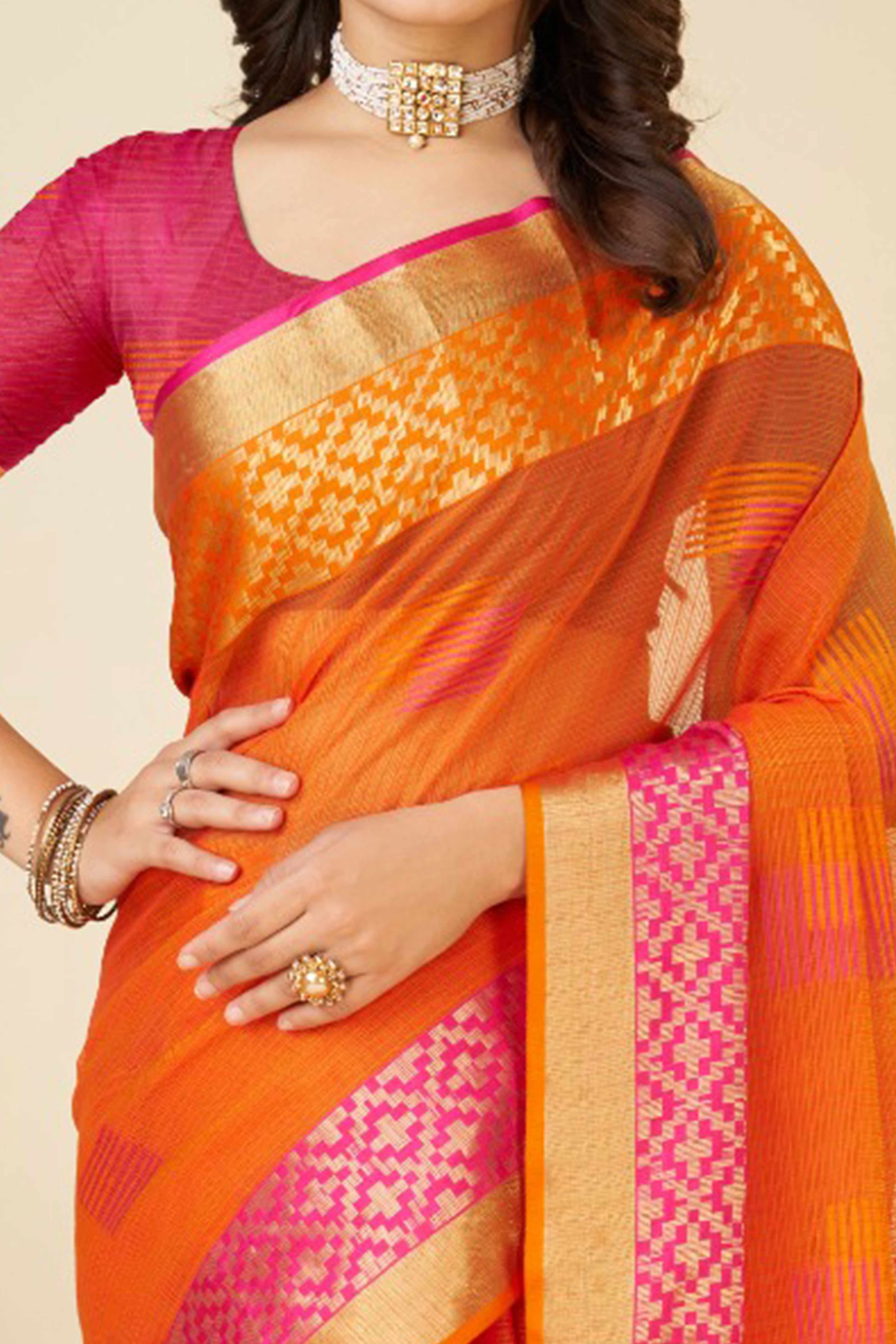 Orange Zari Weaving Cotton Blend Saree