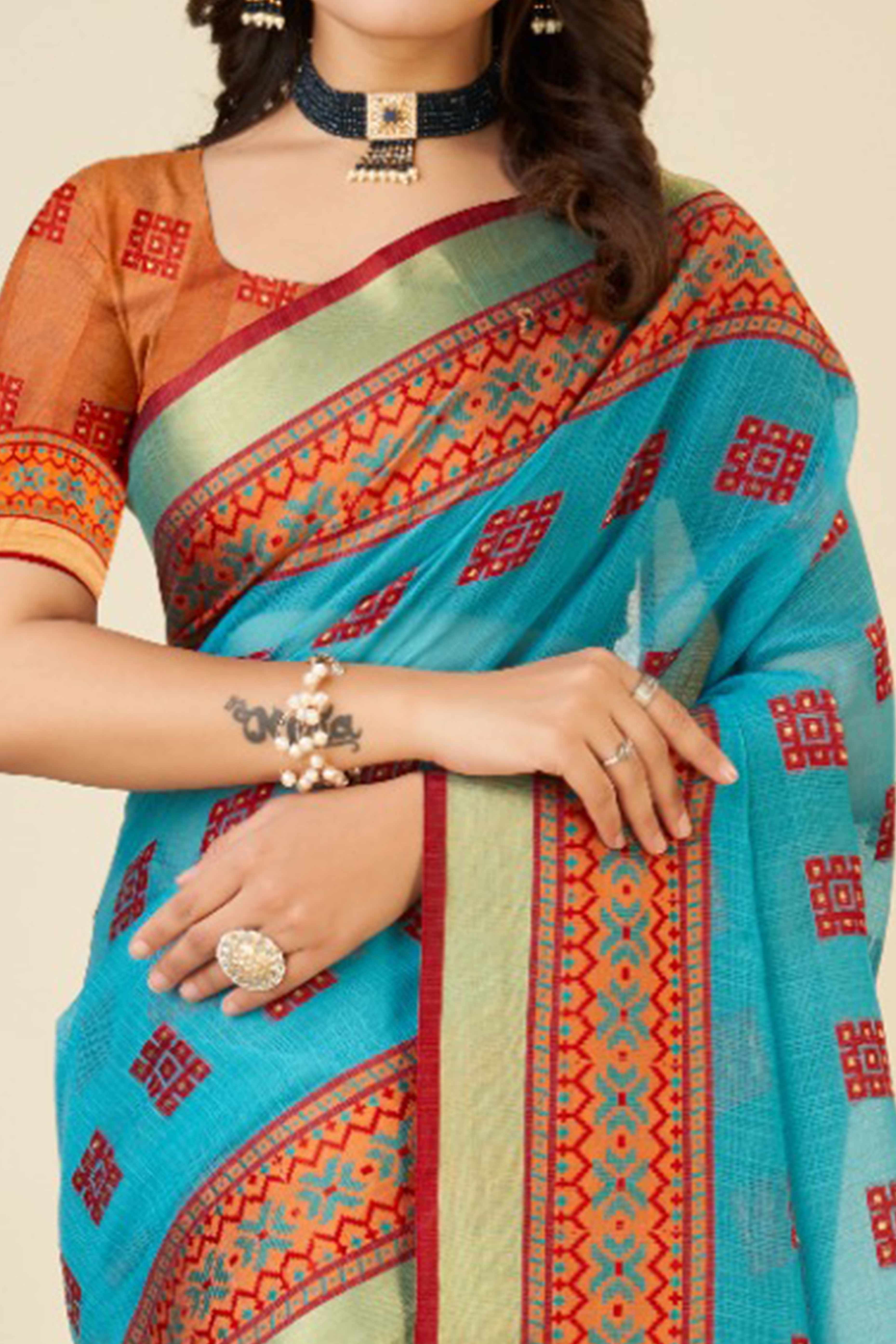 Sky Blue Zari Weaving Cotton Blend Saree