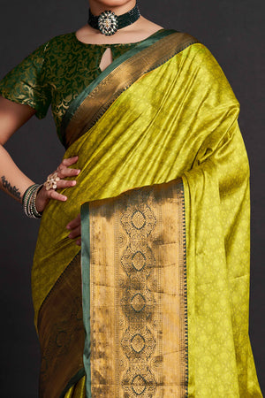 Lime Green Silk Blend Saree With Exquisite Zari Weaving & Graceful Tassels