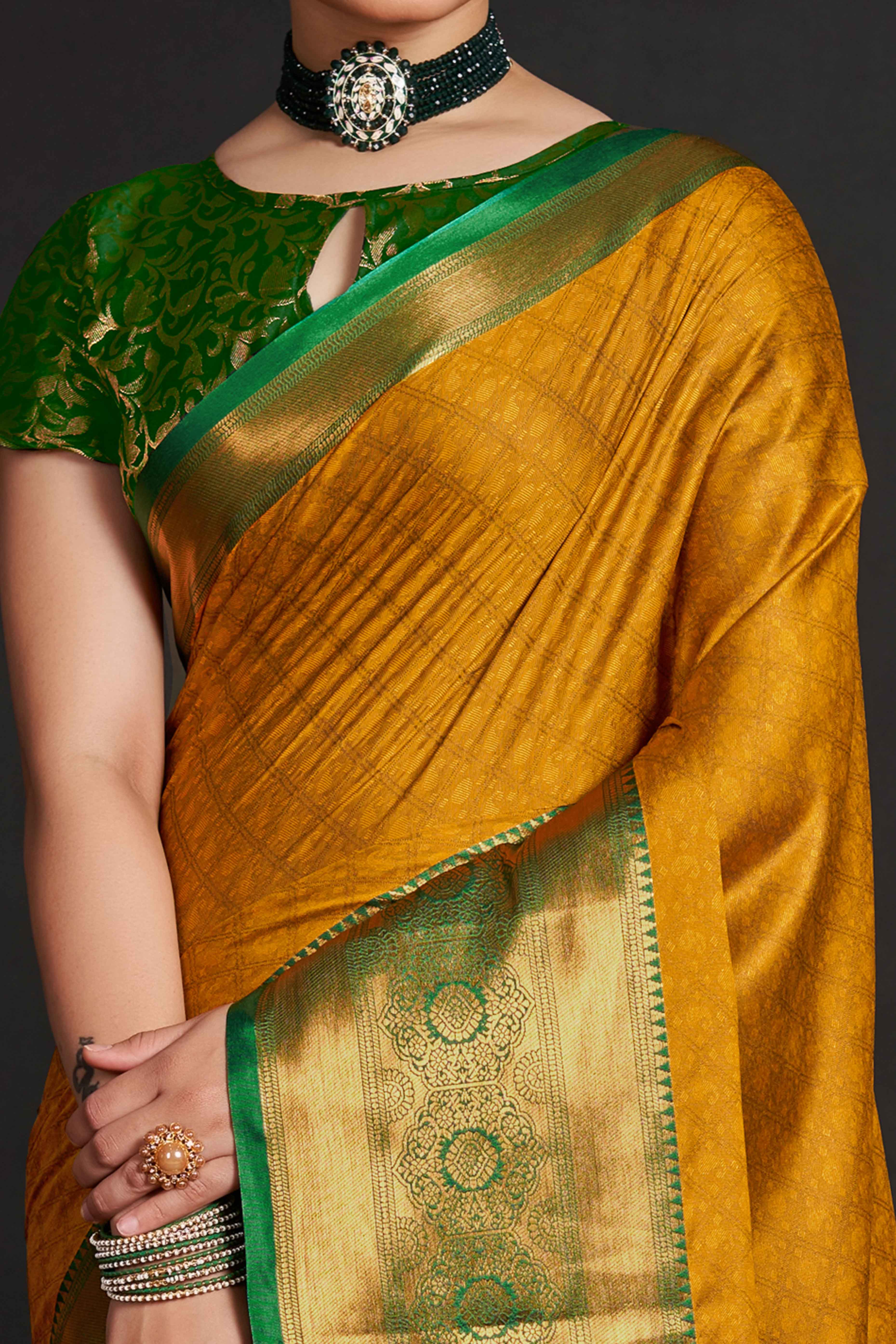 Mustard Silk Blend Saree With Exquisite Zari Weaving & Graceful Tassels