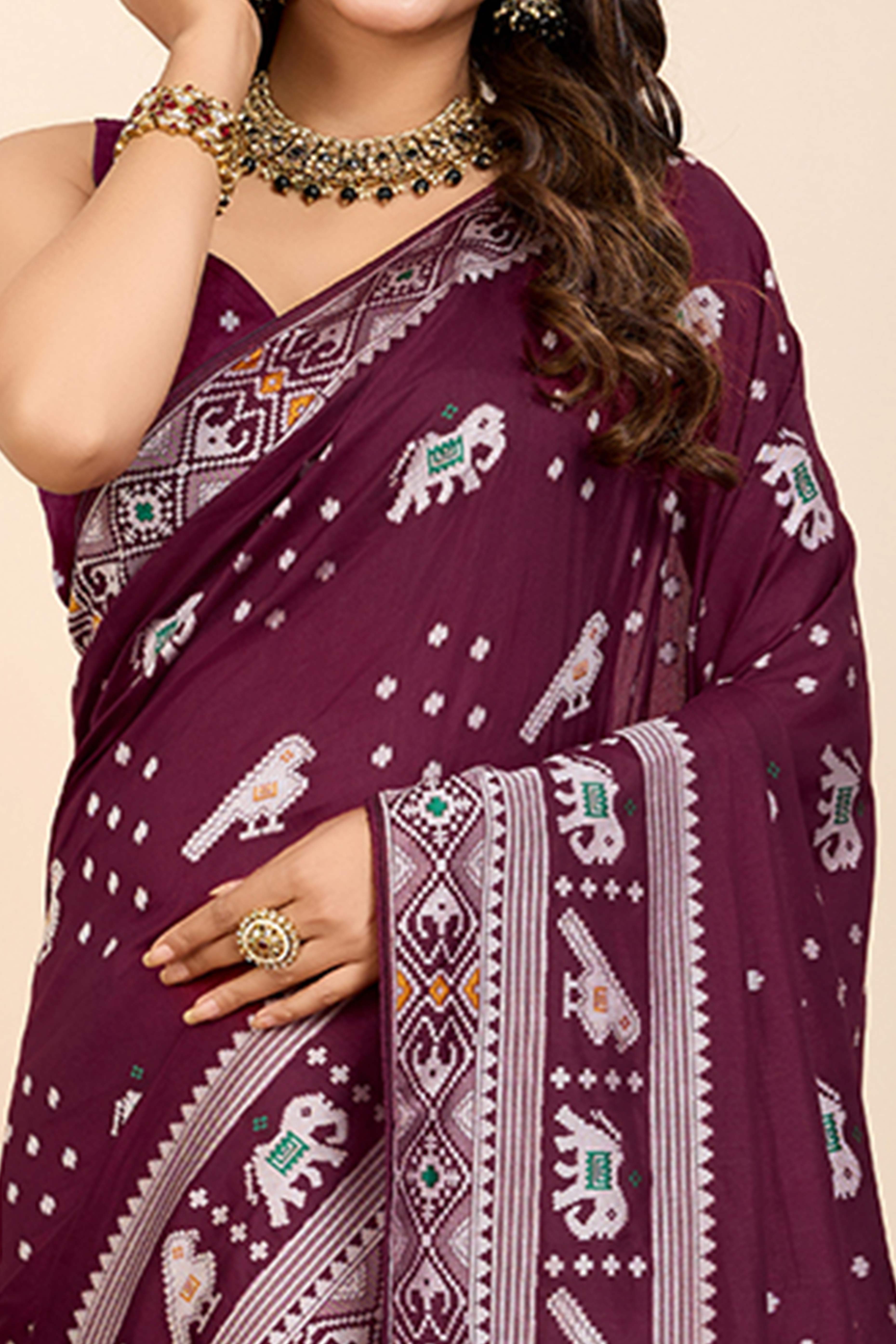 Wine Minakari Weaving Pure Silk Saree