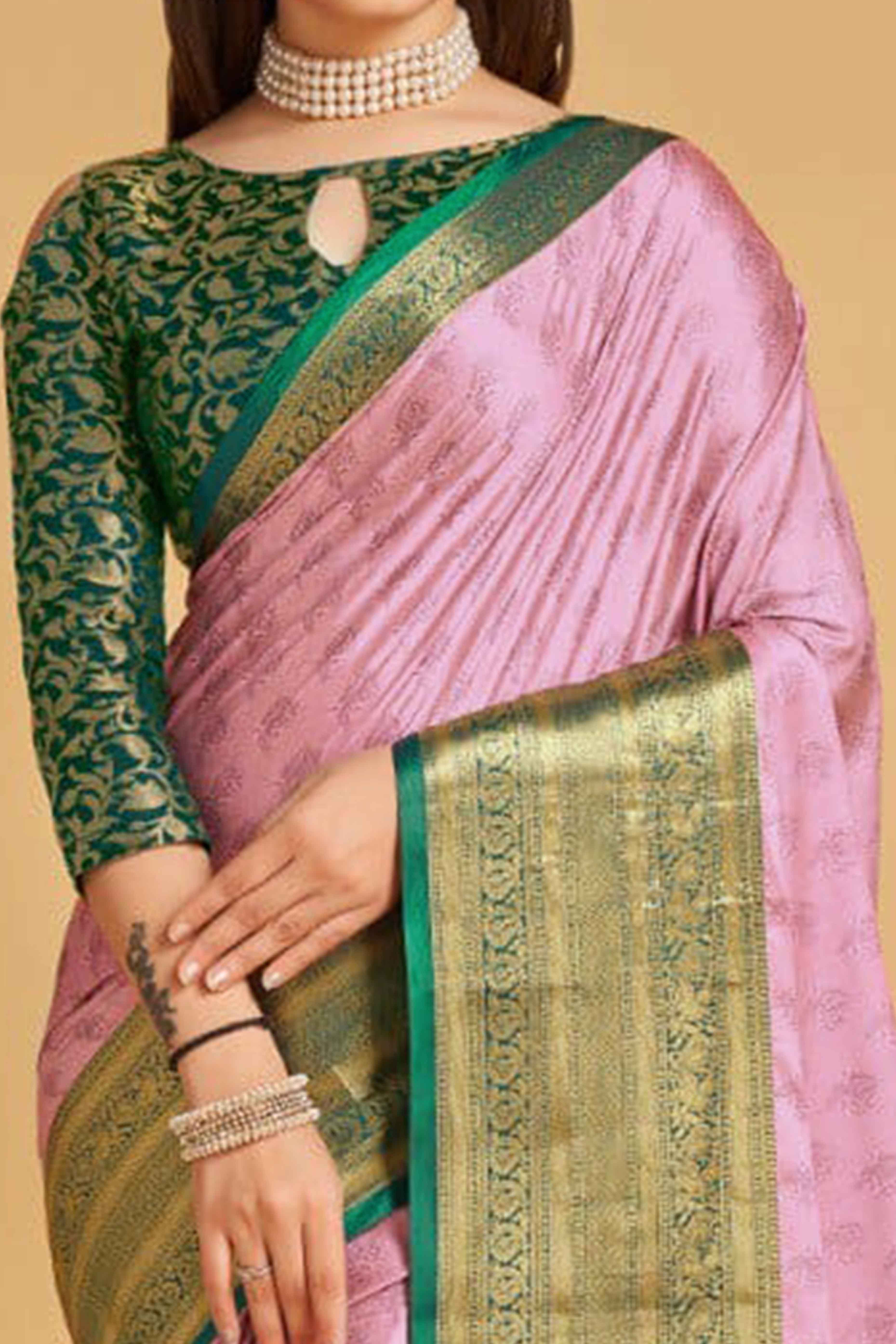 Pink Silk Blend Saree With Delicate Floral Zari Weaving & Graceful Tassels