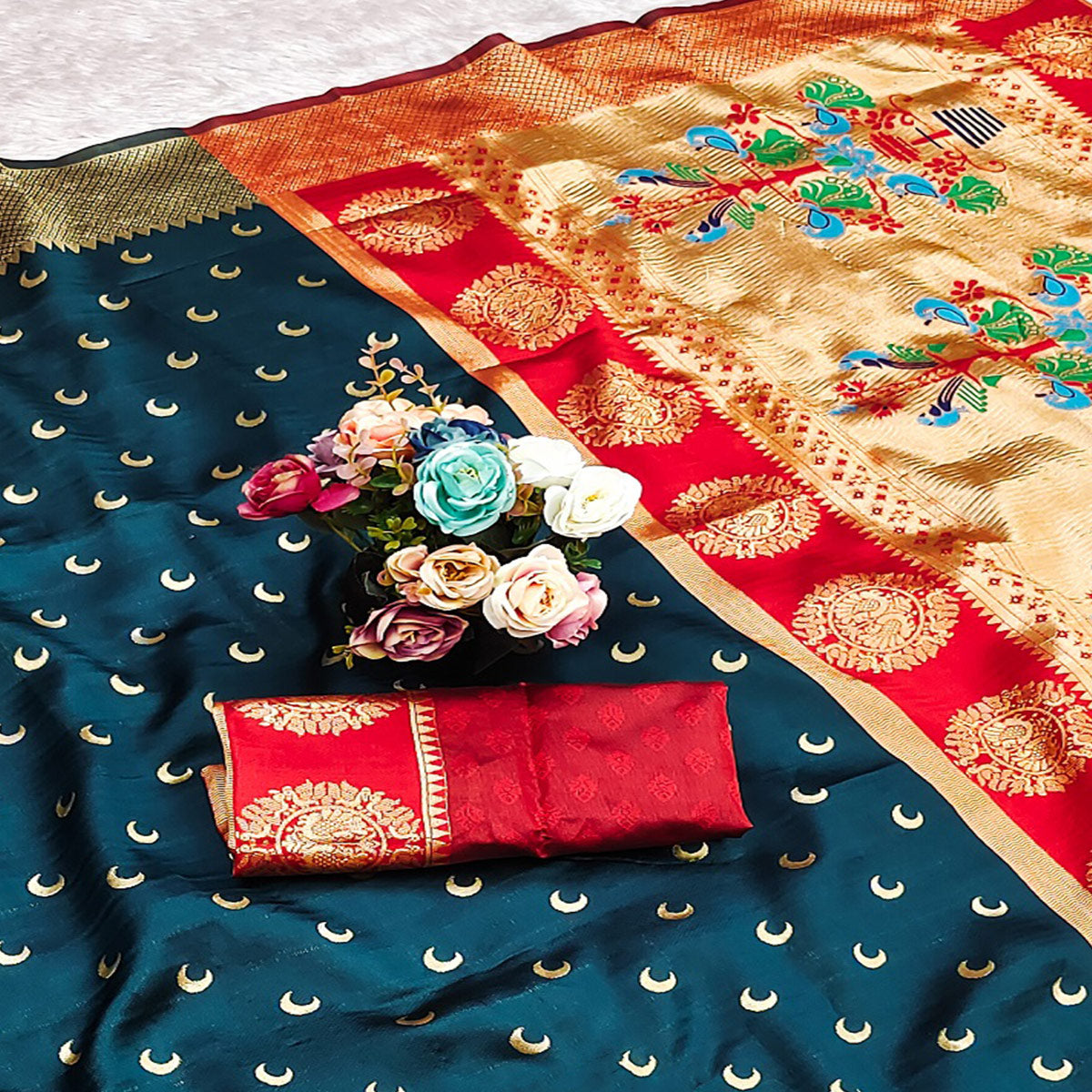 Dark Teal Blue Woven Pure Silk Chandrakor Paithani Saree