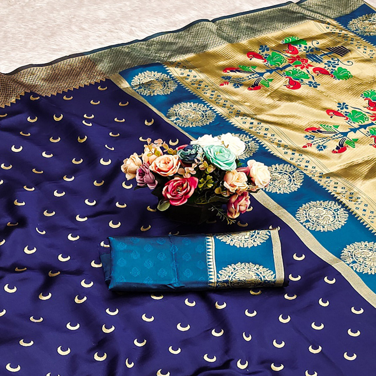 Navy Blue Woven Pure Silk Chandrakor Paithani Saree