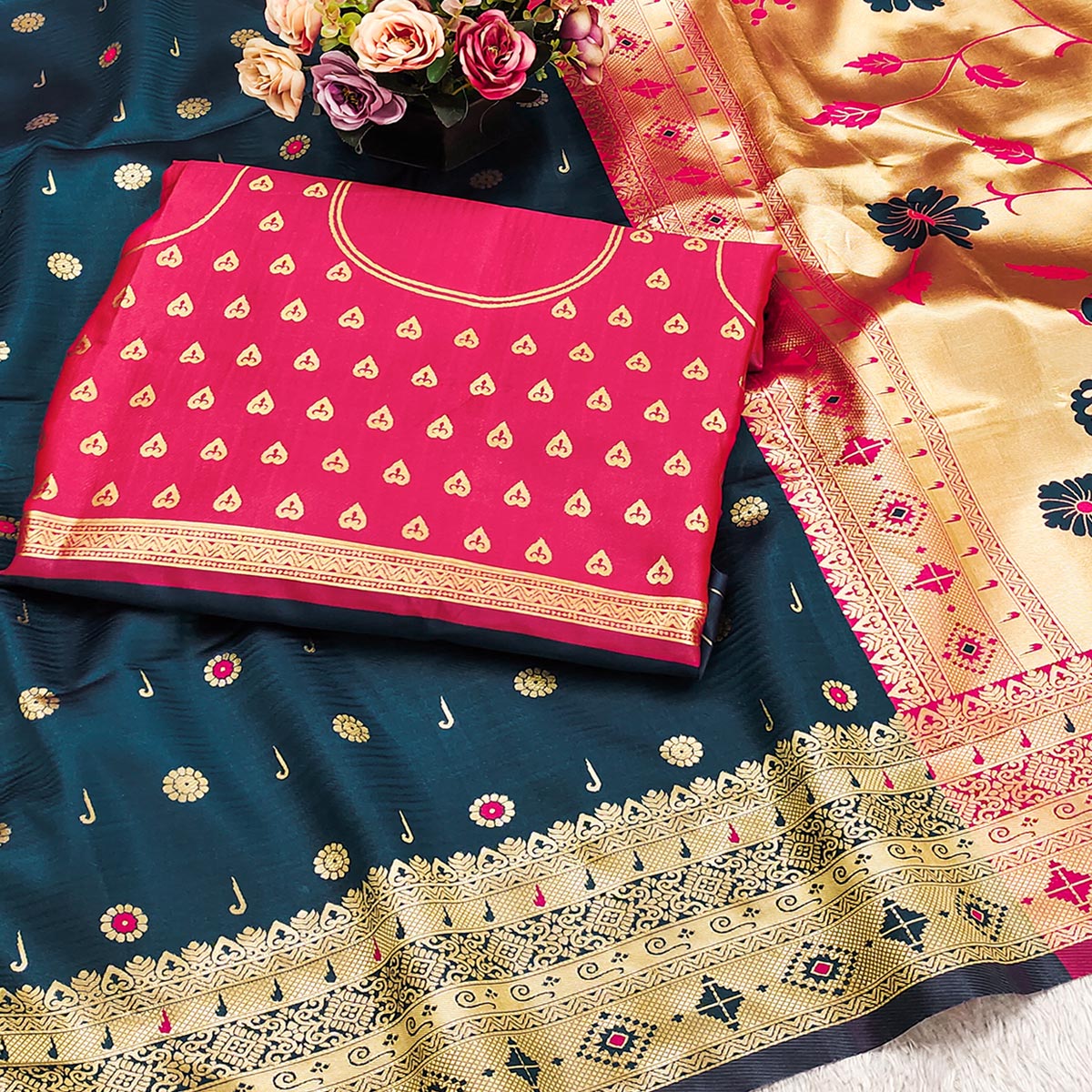 Dark Teal Blue Pure Silk Paithani Saree With Intricate Floral Zari Weaving
