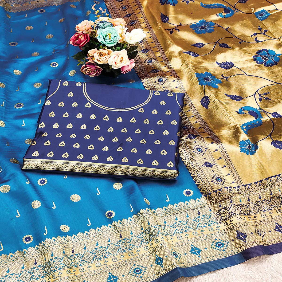 Blue Pure Silk Paithani Saree With Intricate Floral Zari Weaving