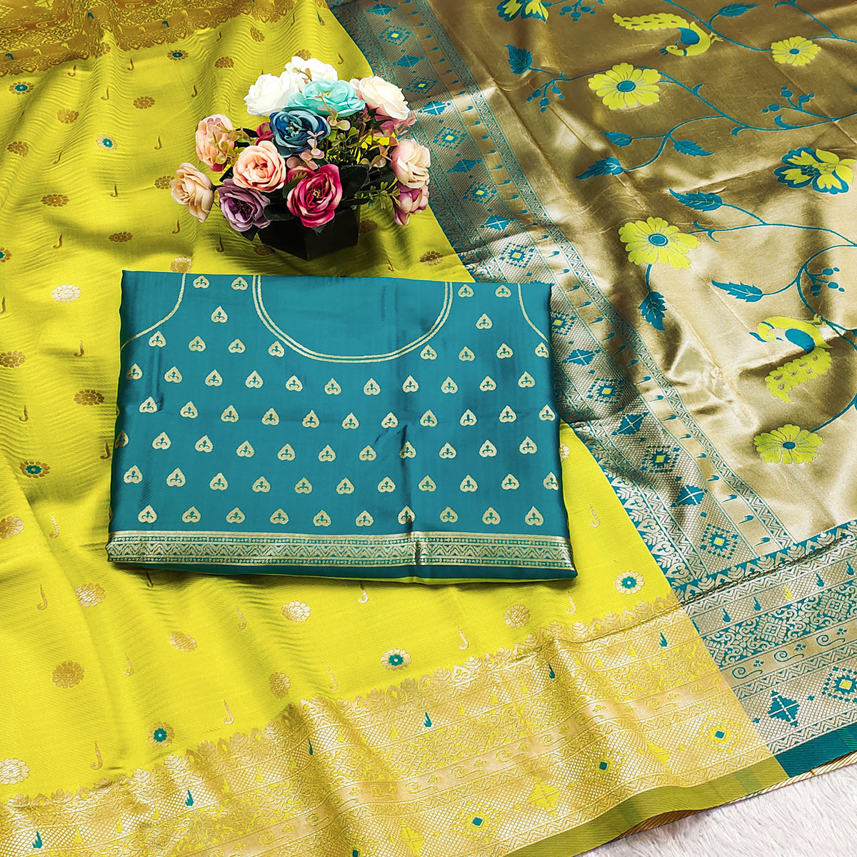 Lemon Green Pure Silk Paithani Saree With Intricate Floral Zari Weaving